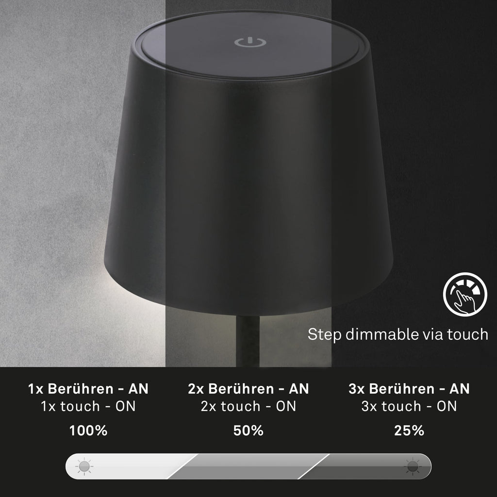 LED oppladbar bordlampe Piha dimbar svart IP44 lys i mørket