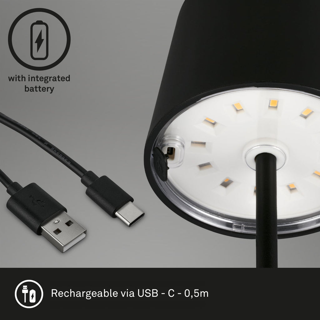 LED oppladbar bordlampe Piha dimbar svart IP44 sideprofil