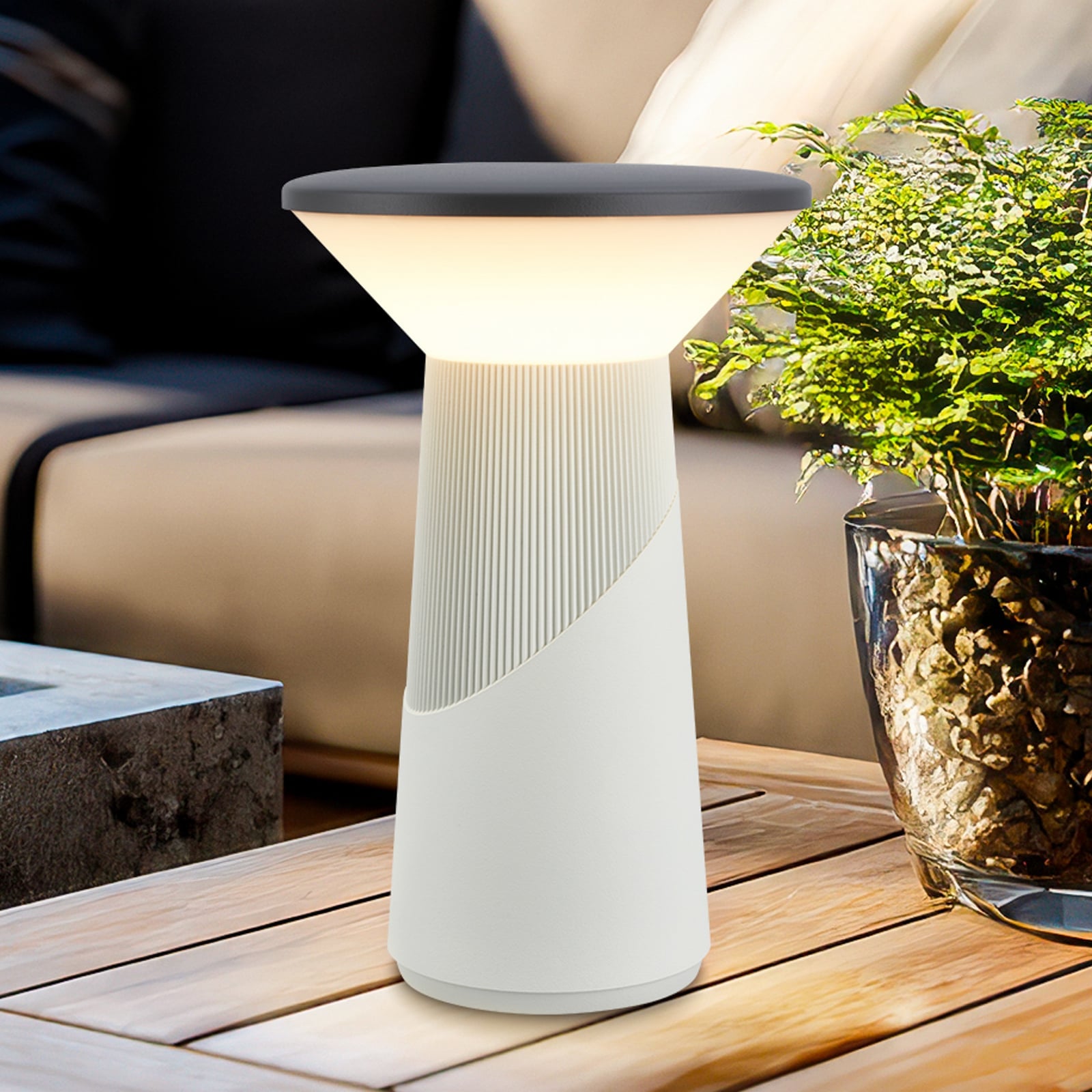 LED oppladbar bordlampe Pilia dimbar antrasitt/lysgrå IP44 forfra