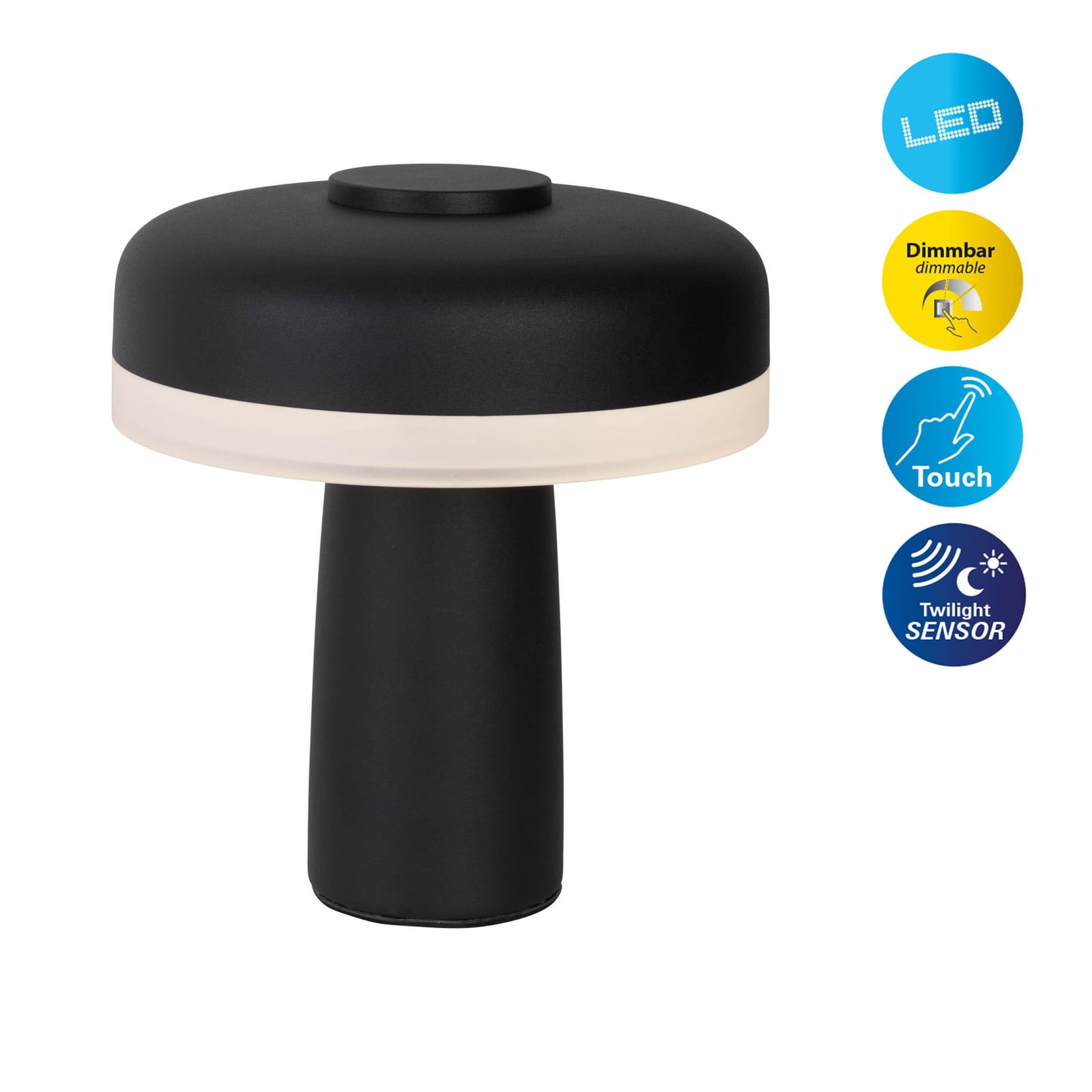 LED oppladbar bordlampe Pilu svart metall dimbar med ladekabel