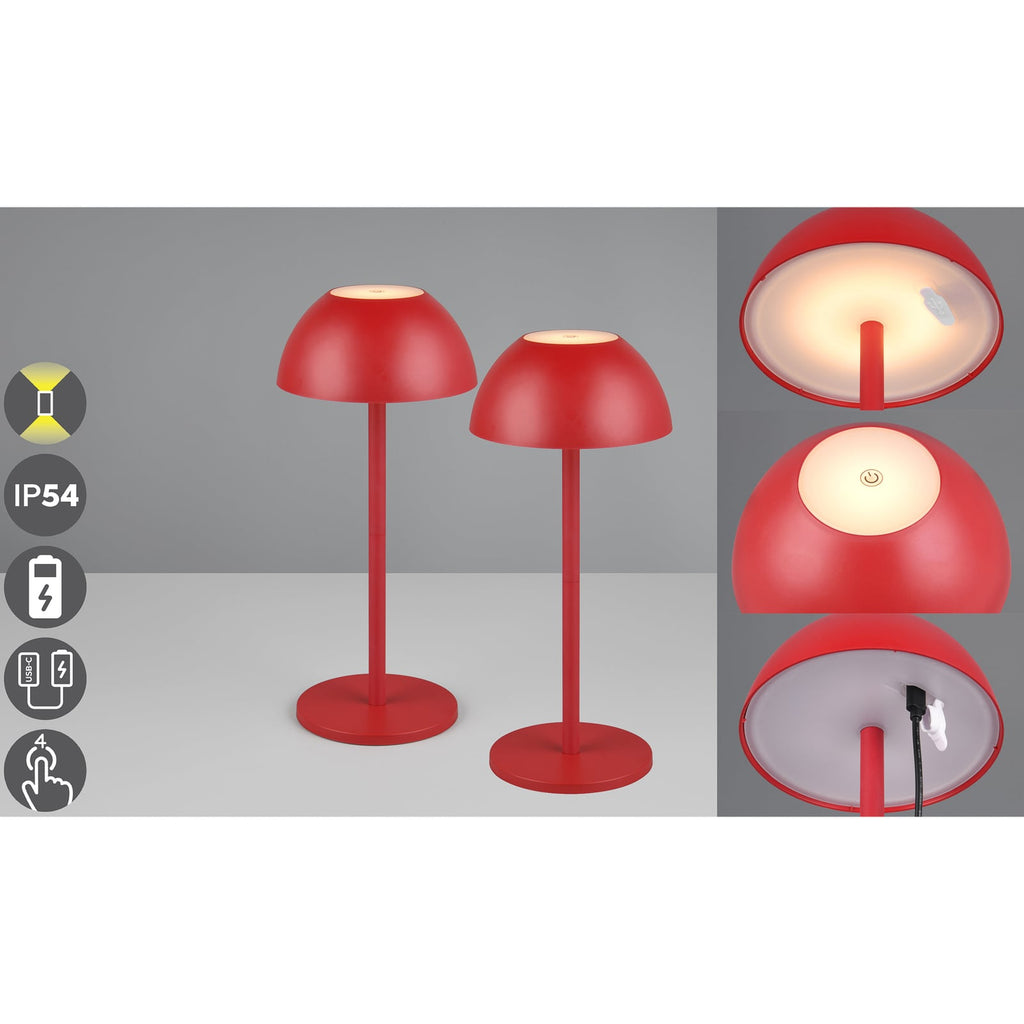 LED oppladbar bordlampe Ricardo rød plast USB-C ladekabel