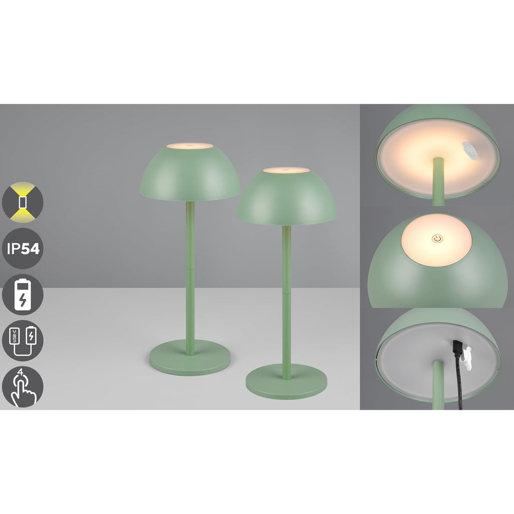 LED oppladbar bordlampe Ricardo grønn plast 30 cm dimbar IP54 dimmefunksjon demonstrasjon