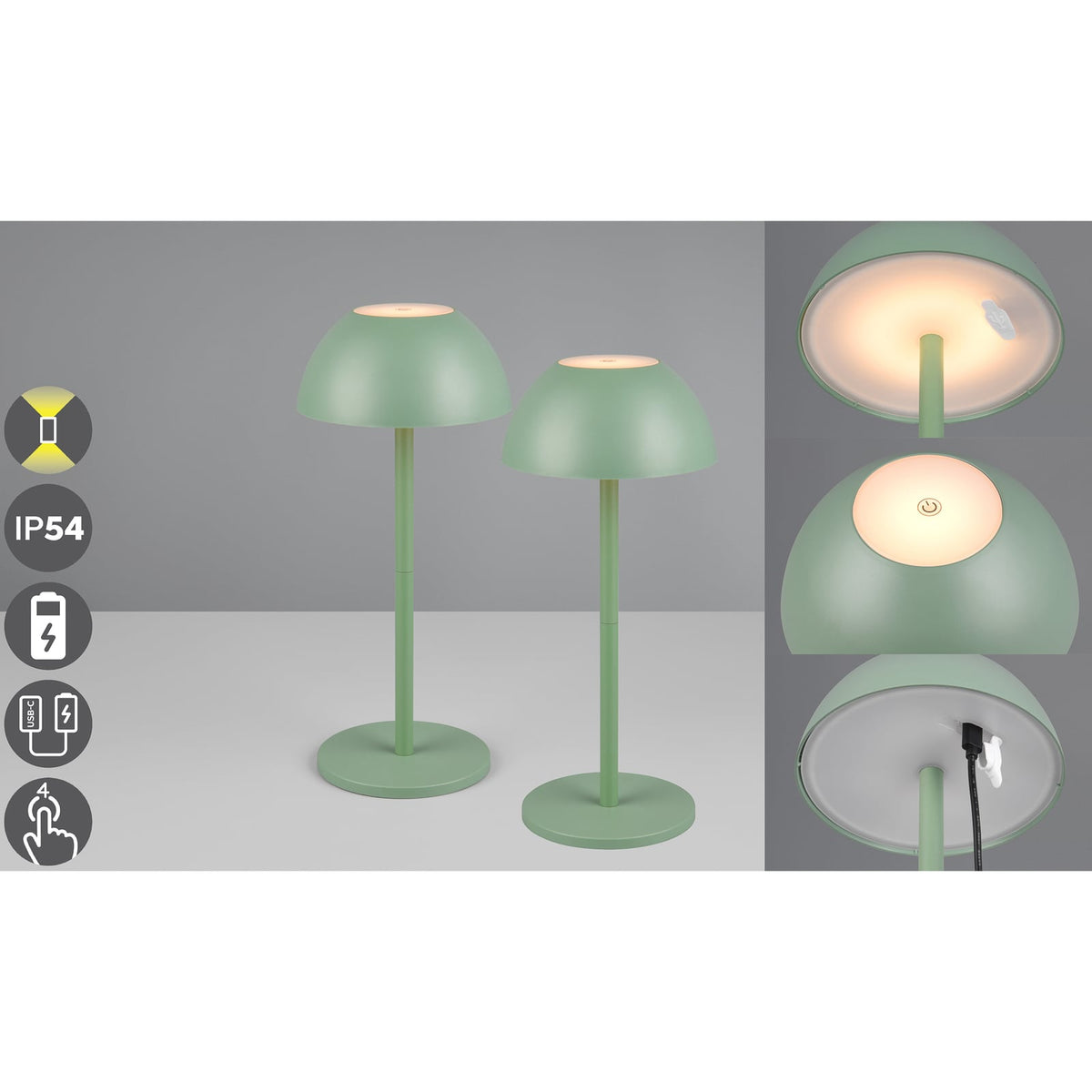 LED oppladbar bordlampe Ricardo grønn plast 30 cm dimbar IP54 dimmefunksjon demonstrasjon