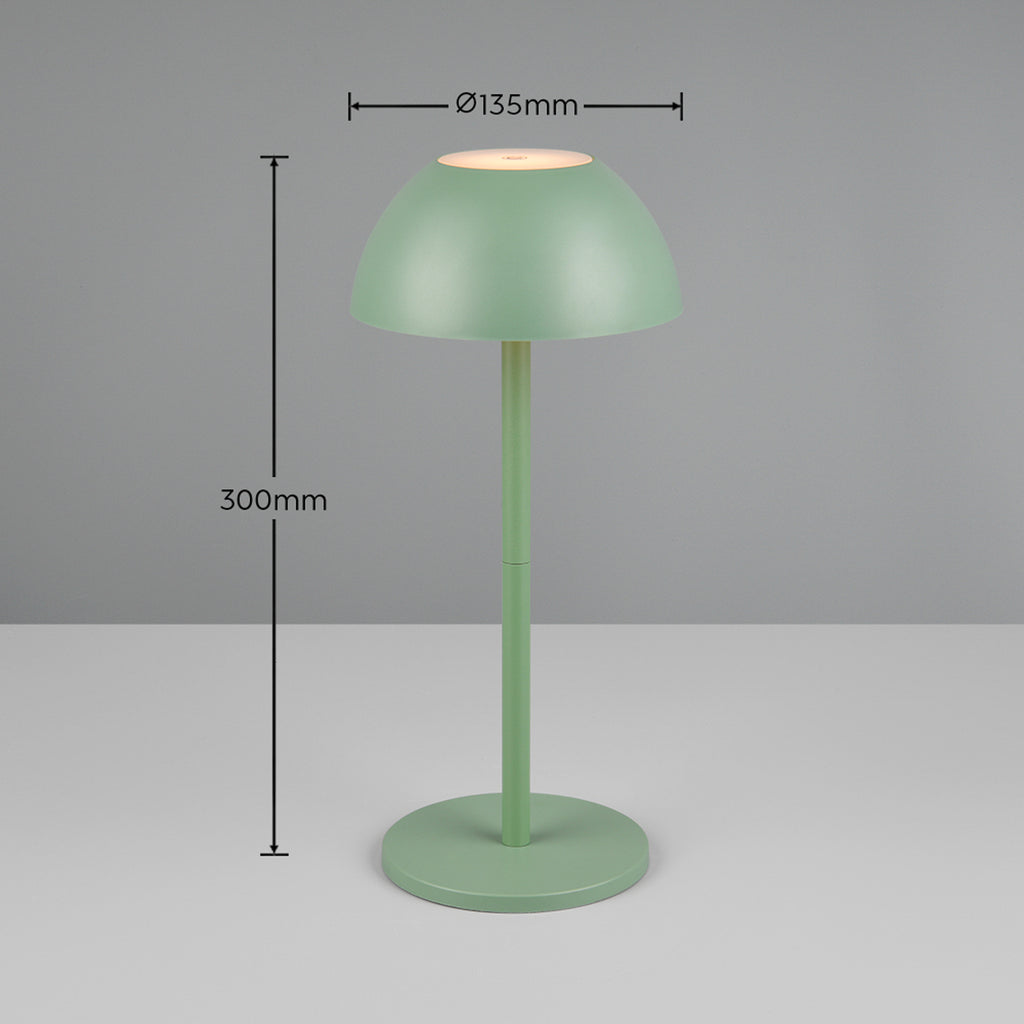 LED oppladbar bordlampe Ricardo grønn plast 30 cm dimbar IP54 montert på bord