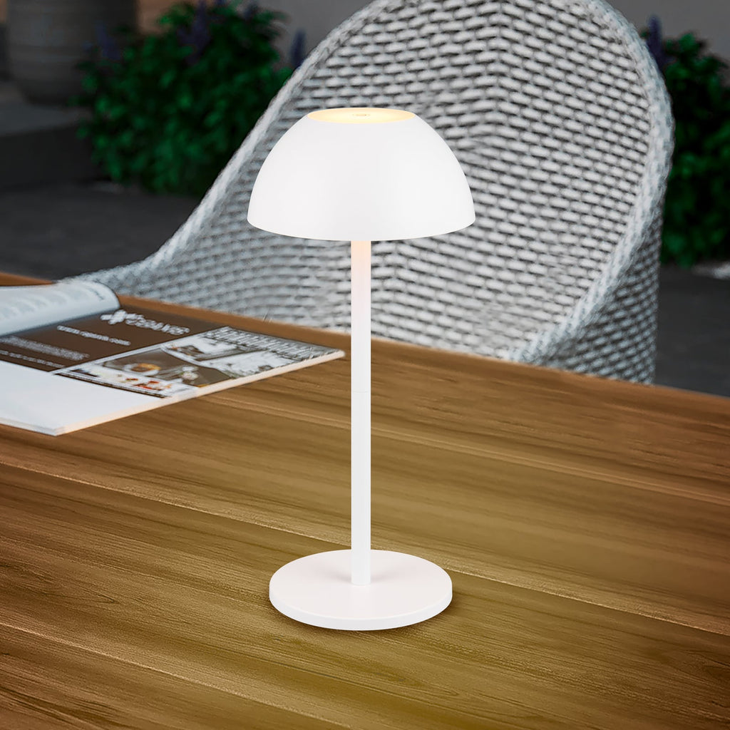 LED oppladbar bordlampe Ricardo hvit IP54 dimbar H30 cm forfra