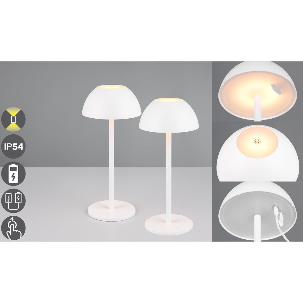 LED oppladbar bordlampe Ricardo hvit IP54 dimbar H30 cm sideprofil