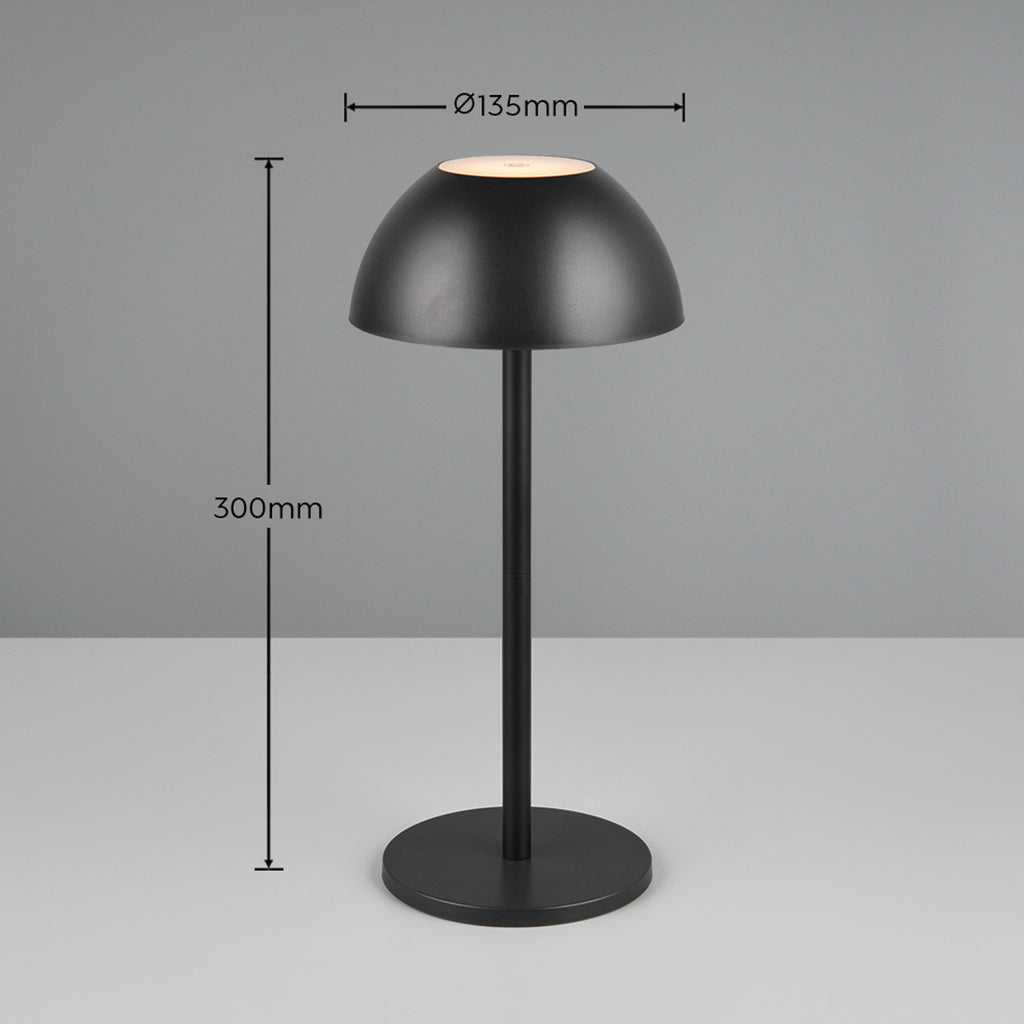 Nærbilde av touchdimmer på LED oppladbar bordlampe Ricardo svart dimbar IP54 H30 cm
