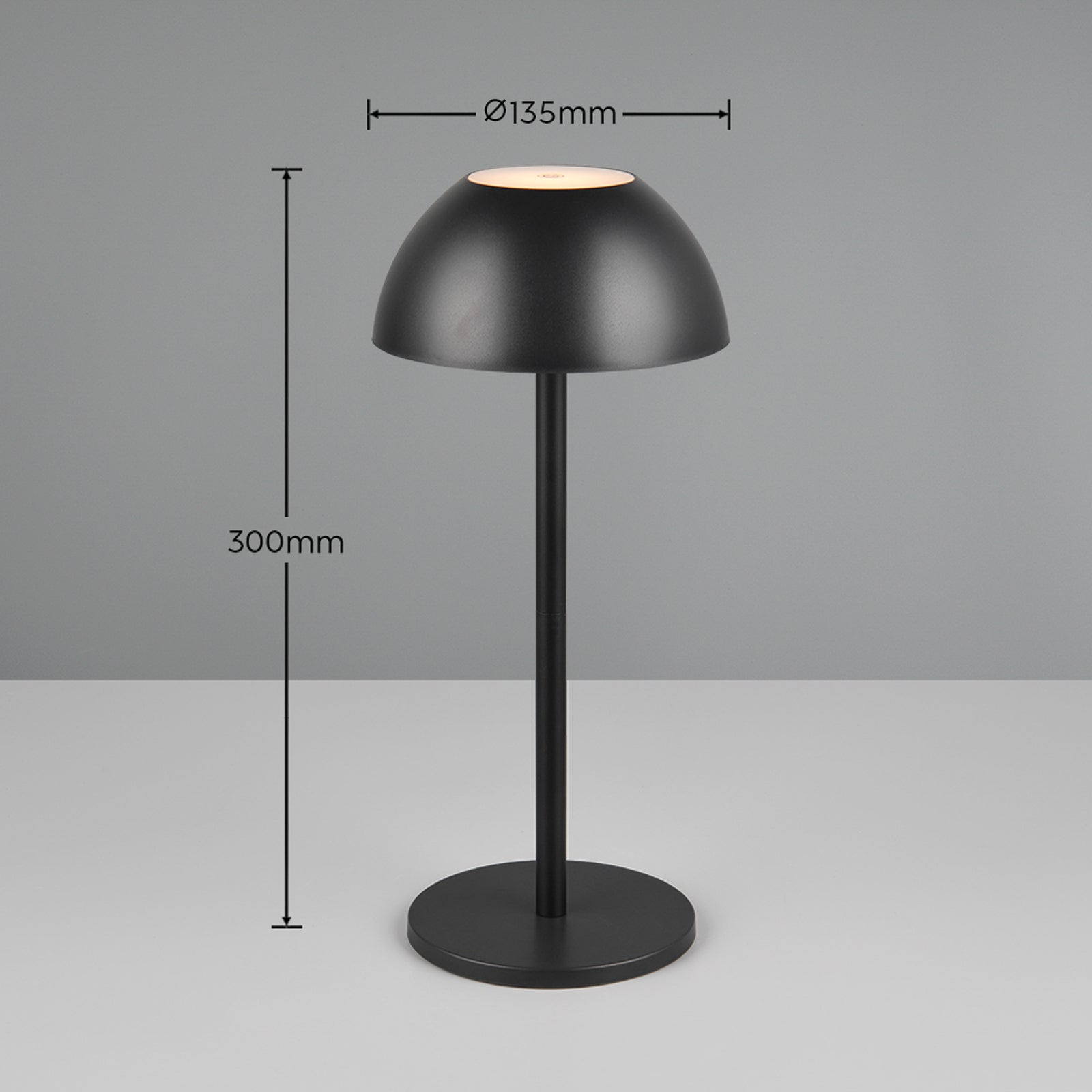 Nærbilde av touchdimmer på LED oppladbar bordlampe Ricardo svart dimbar IP54 H30 cm