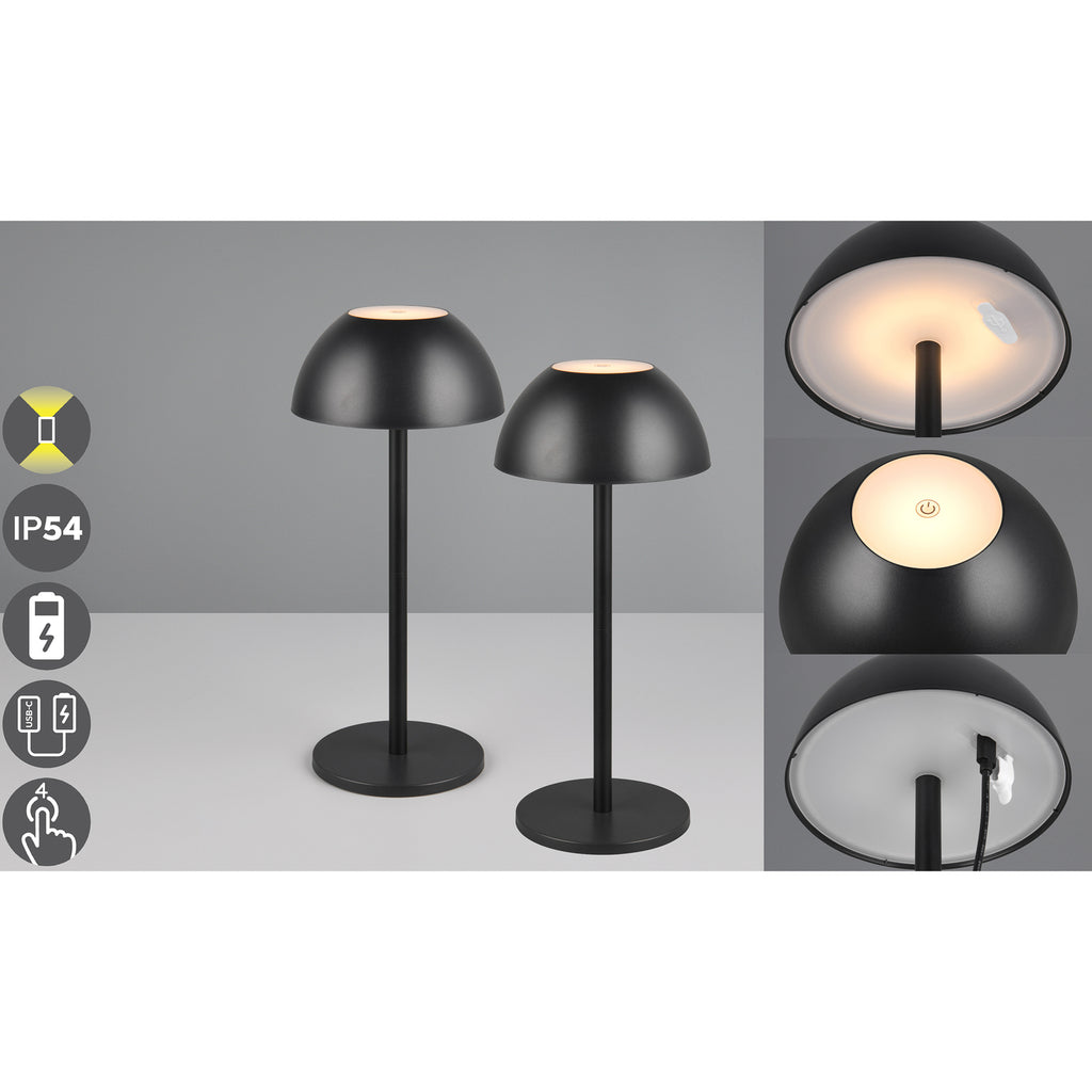 LED oppladbar bordlampe Ricardo svart dimbar IP54 H30 cm med varmhvitt lys