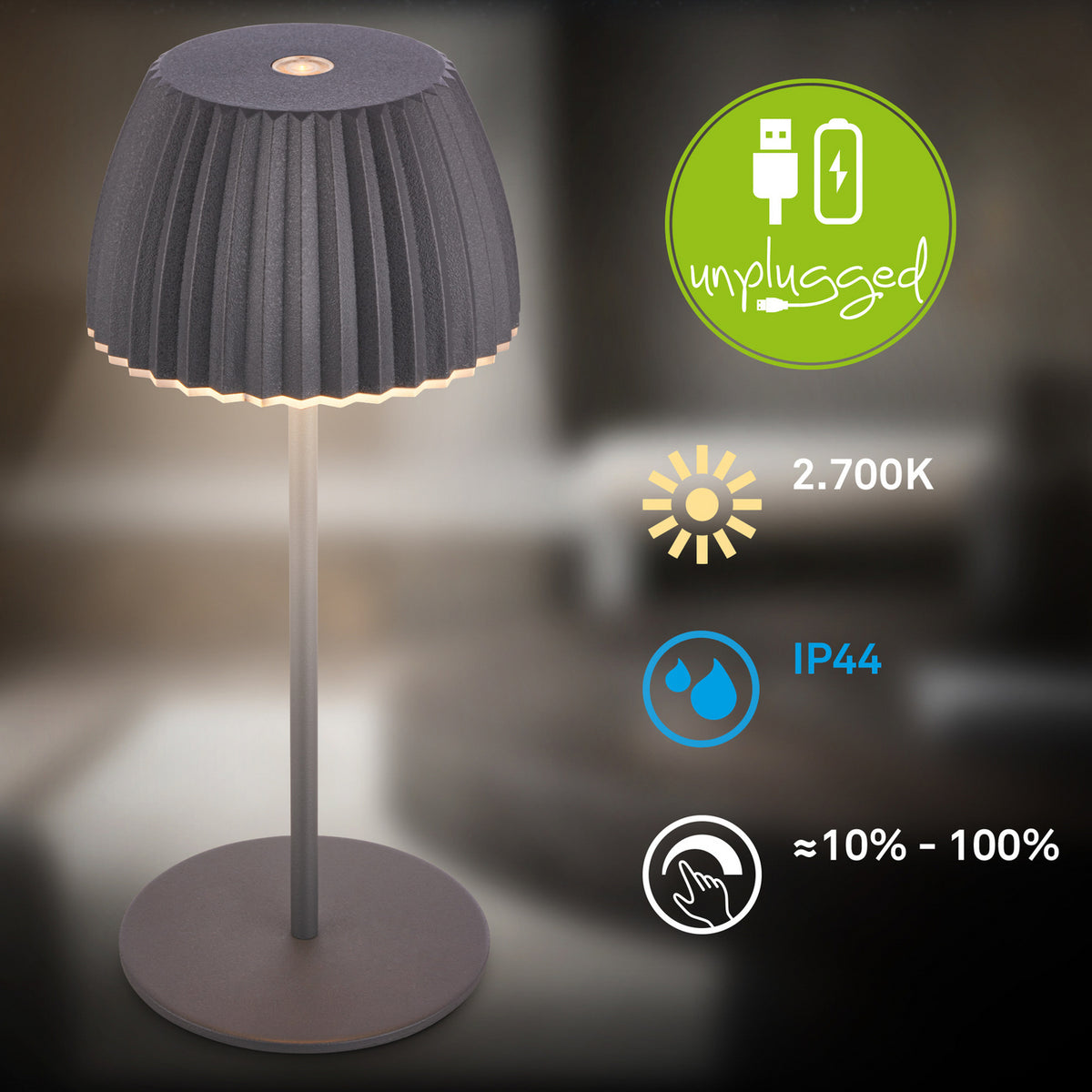 LED oppladbar bordlampe Riffle antrasitt sideprofil