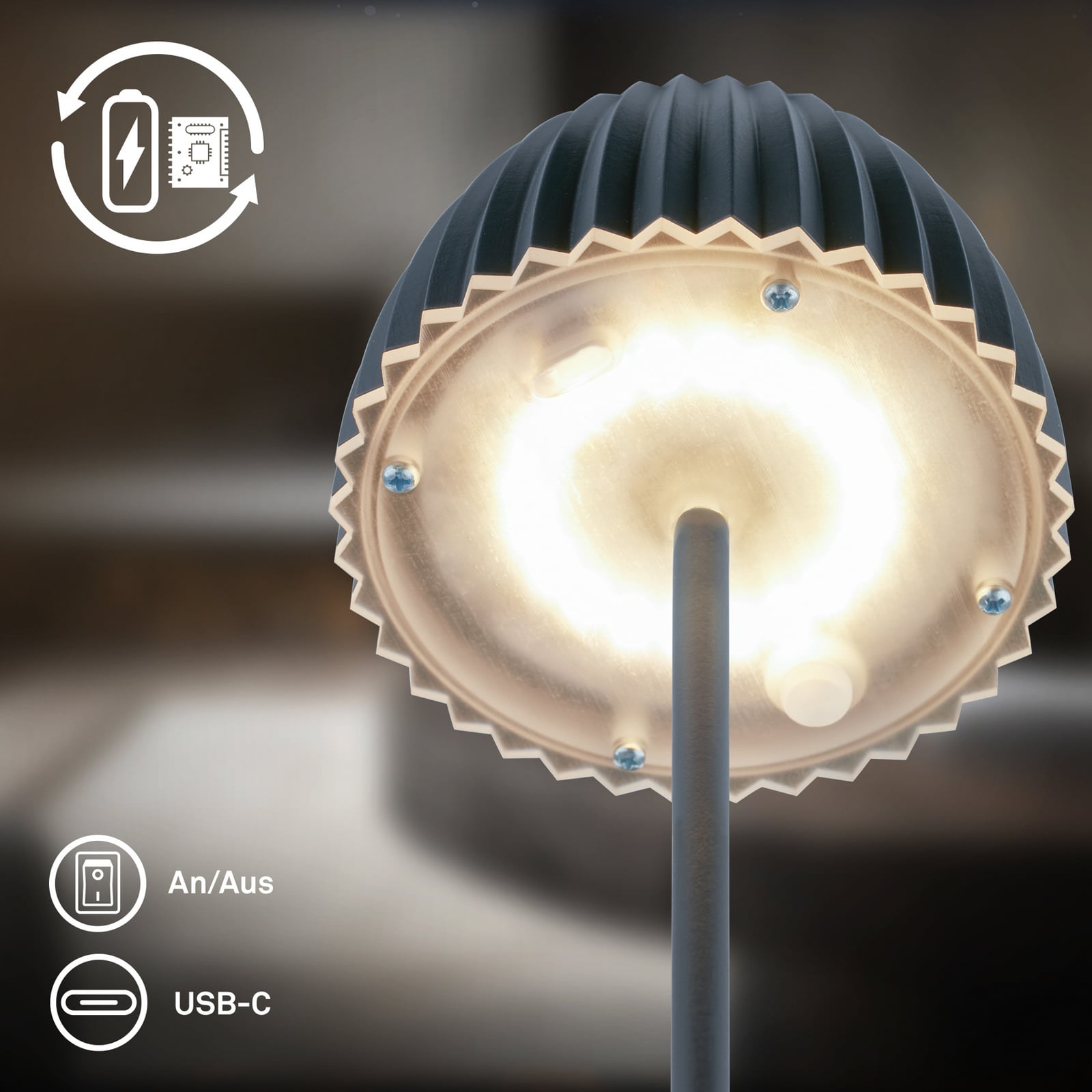LED oppladbar bordlampe Riffle antrasitt lys i mørkt rom