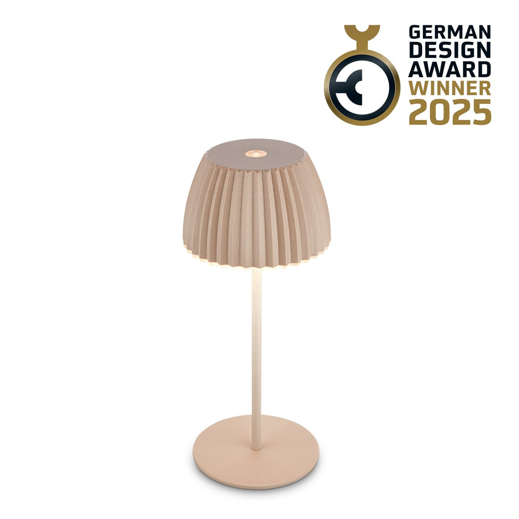 LED oppladbar bordlampe Riffle beige dimbar IP44 forfra