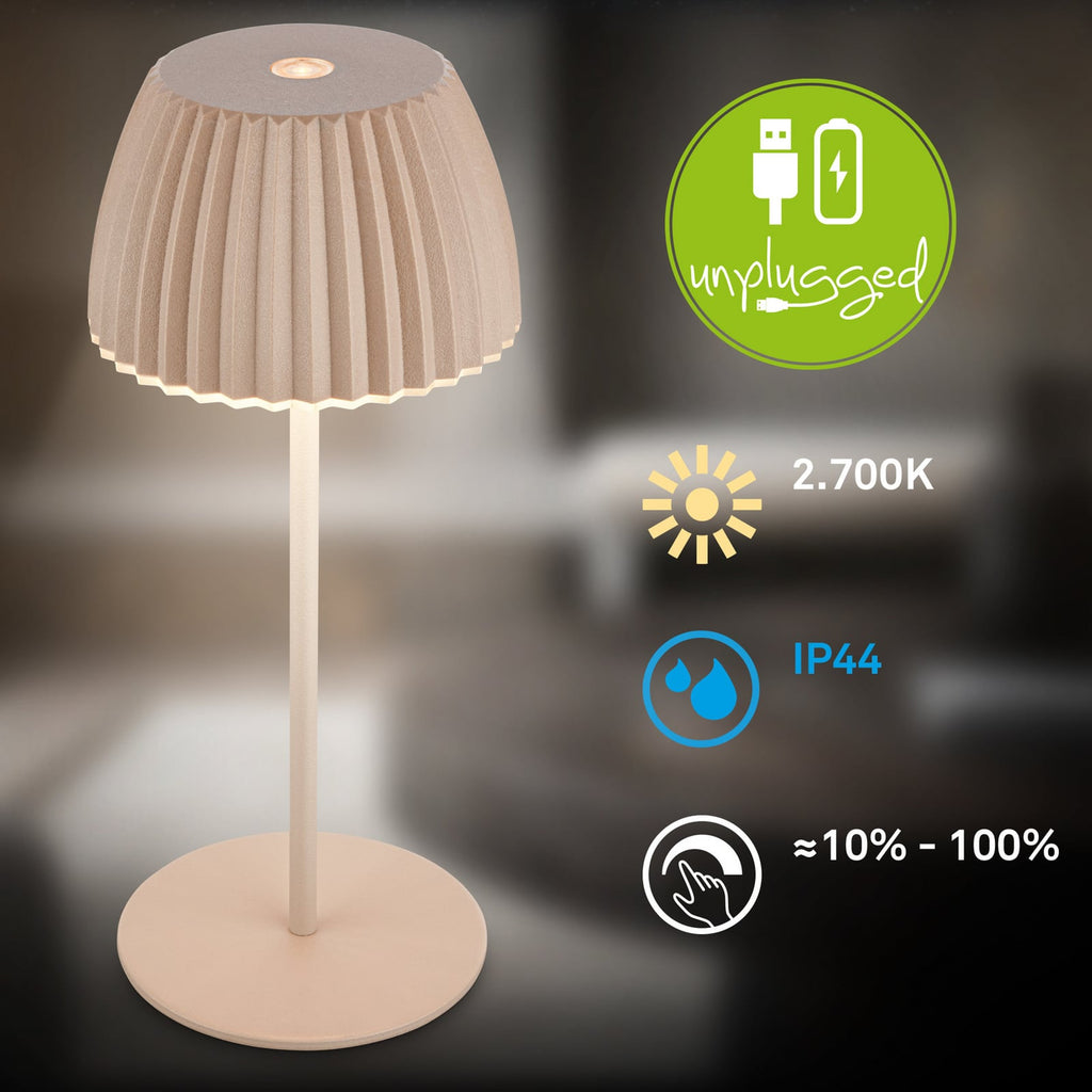 LED oppladbar bordlampe Riffle beige dimbar IP44 batteriindikator nærbilde
