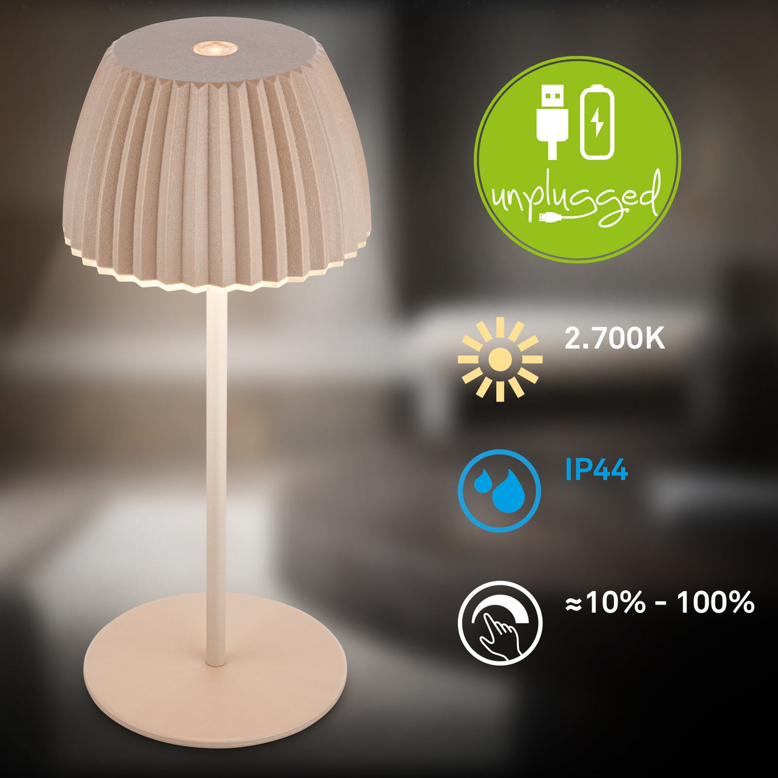 LED oppladbar bordlampe Riffle beige dimbar IP44 batteriindikator nærbilde
