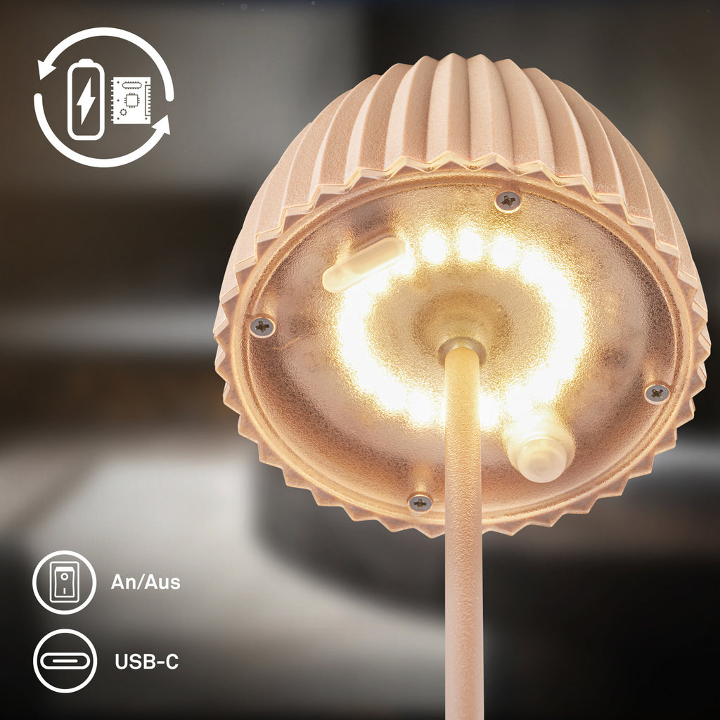 LED oppladbar bordlampe Riffle beige dimbar IP44 sideprofil