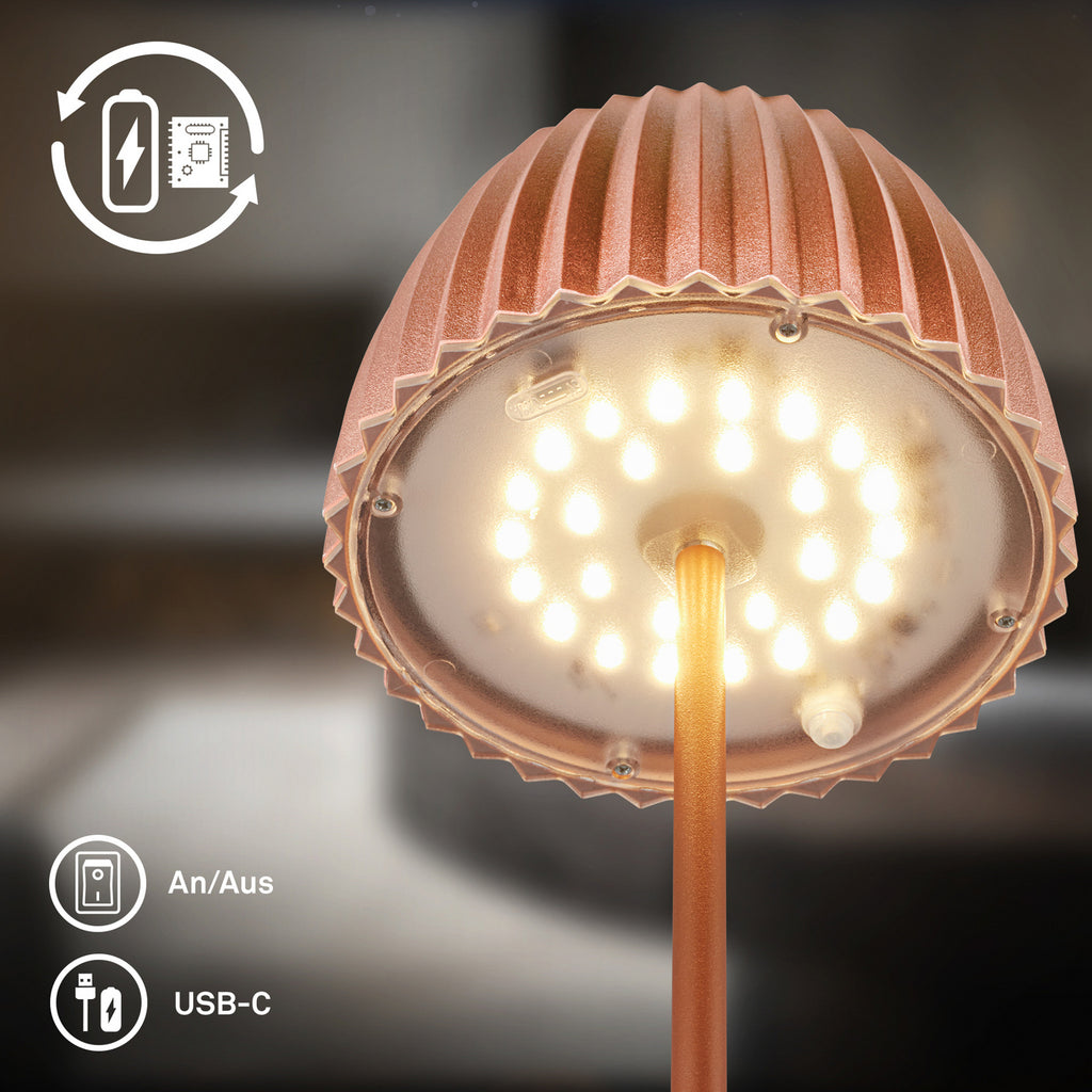 LED oppladbar bordlampe Riffle dimbar kobber 36 cm IP44 med varmt lys