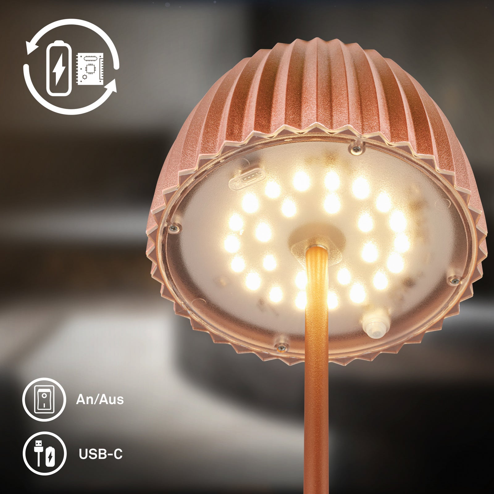 LED oppladbar bordlampe Riffle dimbar kobber 36 cm IP44 med varmt lys
