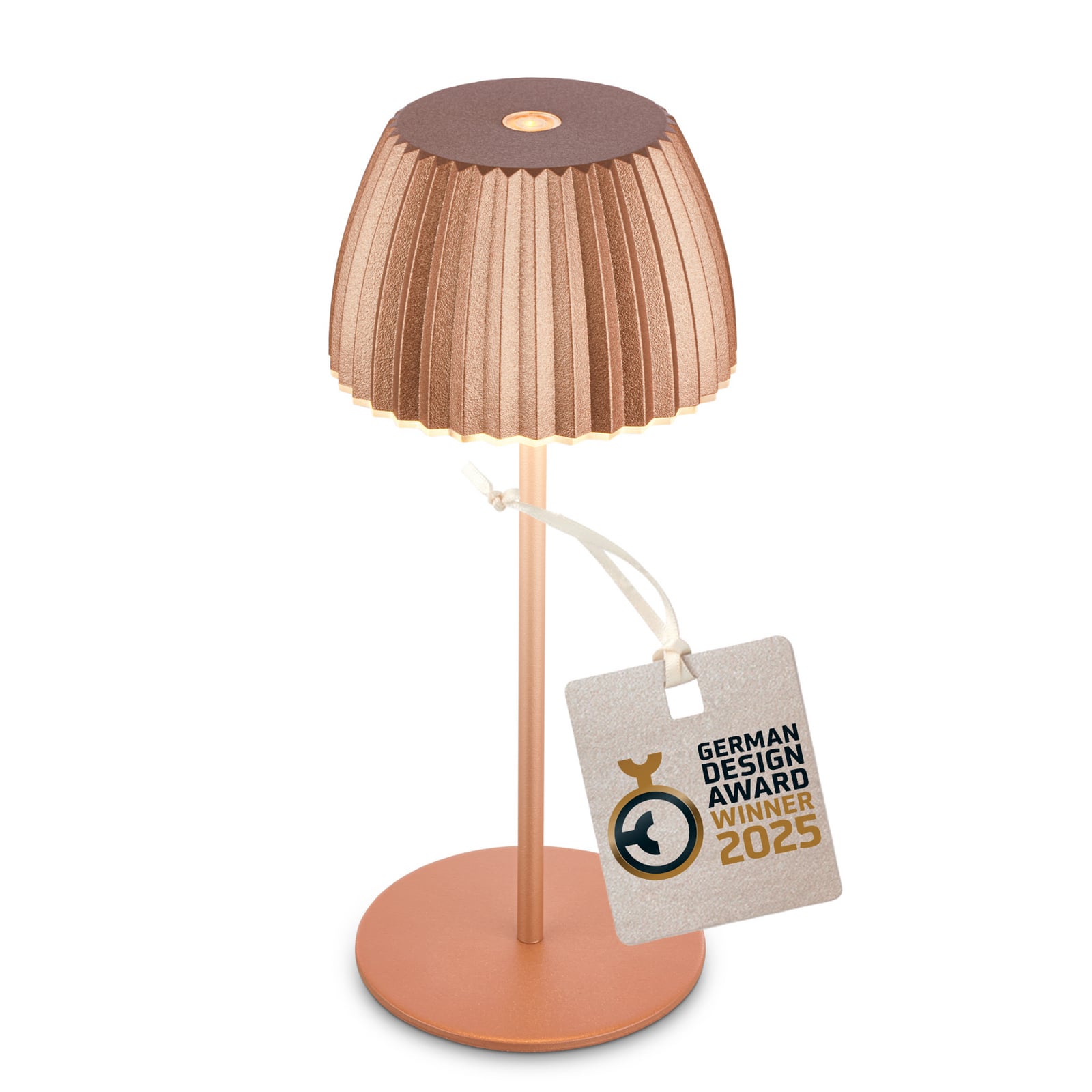 LED oppladbar bordlampe Riffle kobber dimbar IP44 20 cm bakside
