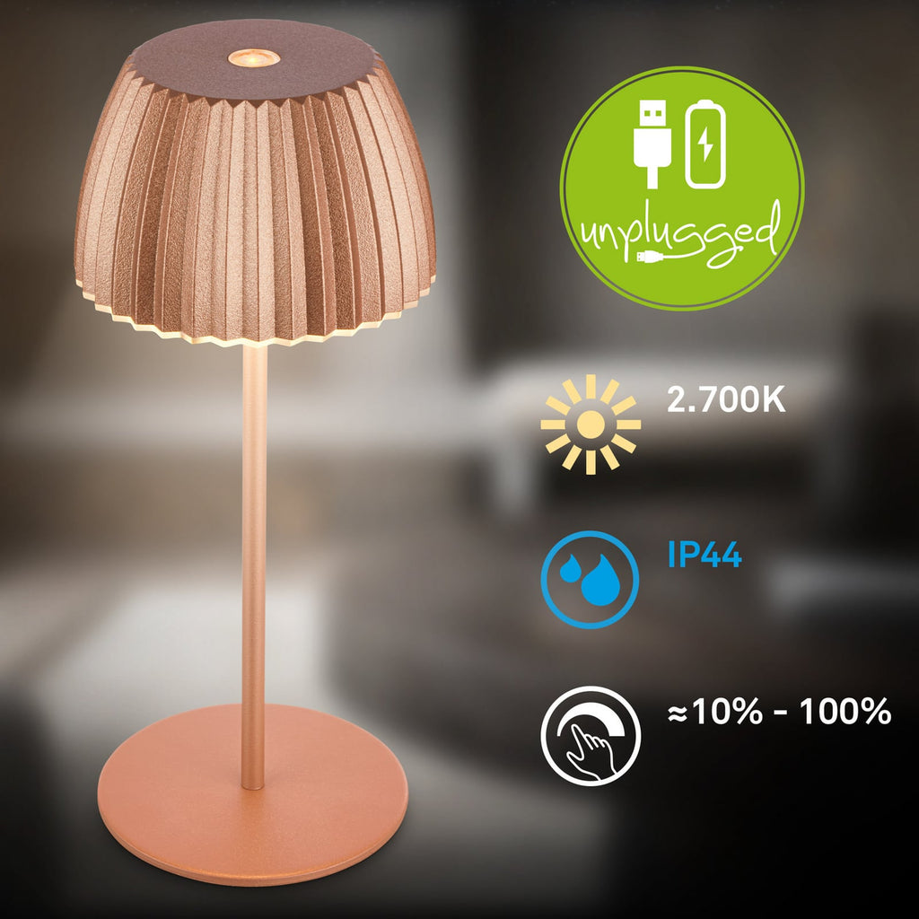 LED oppladbar bordlampe Riffle kobber dimbar IP44 20 cm lyskant detalj