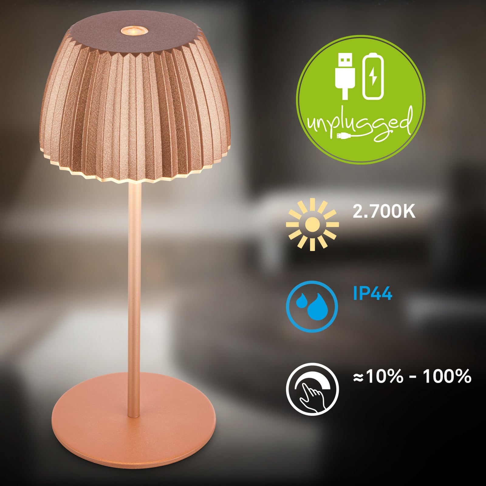 LED oppladbar bordlampe Riffle kobber dimbar IP44 20 cm lyskant detalj