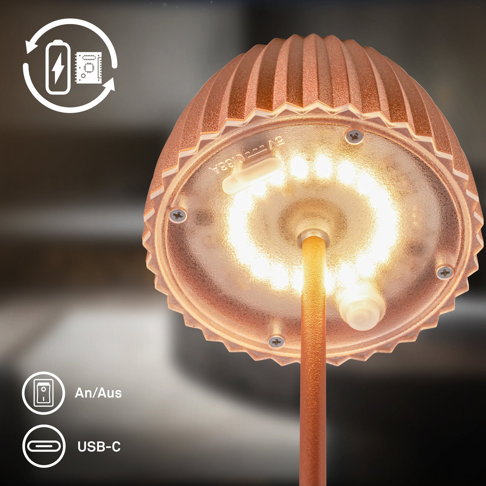 LED oppladbar bordlampe Riffle kobber dimbar IP44 20 cm brukt i interiør