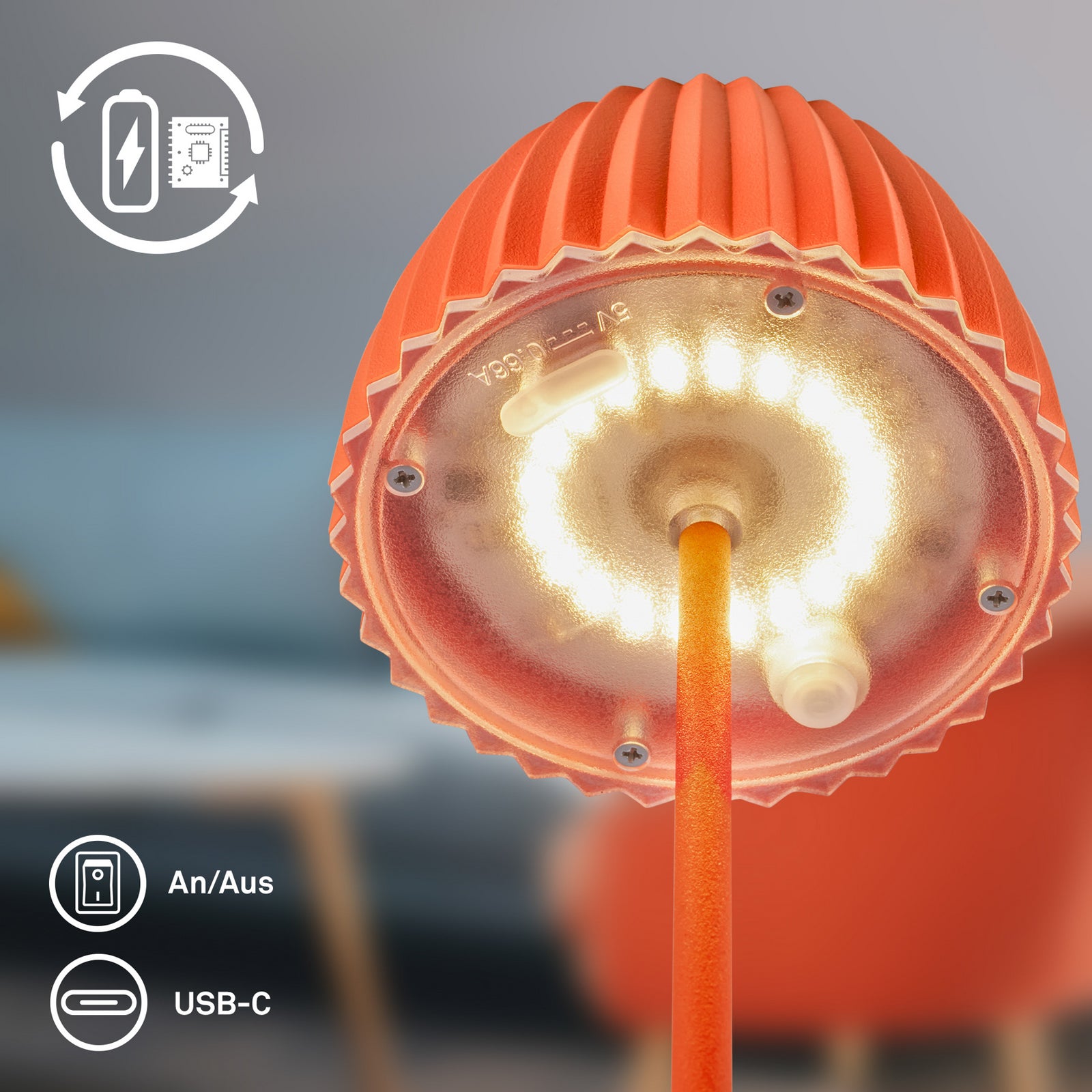 LED oppladbar bordlampe Riffle dimbar oransje IP44 med varm hvit belysning