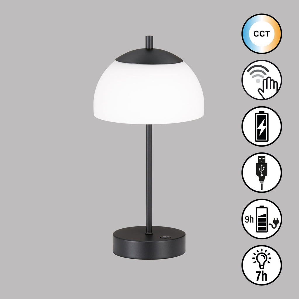 LED oppladbar bordlampe Riva CCT dimbar svart Ø18 cm detalj