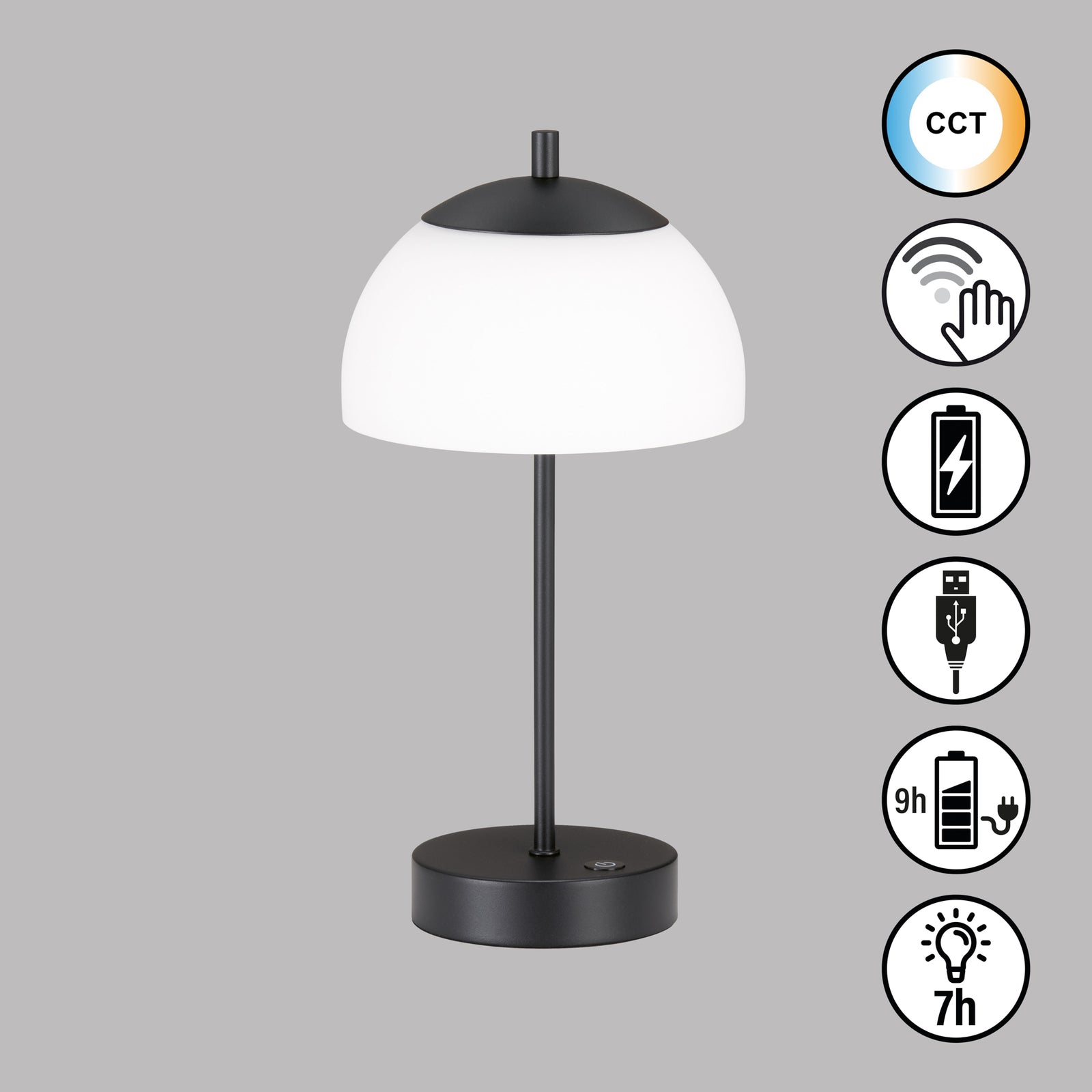 LED oppladbar bordlampe Riva CCT dimbar svart Ø18 cm detalj