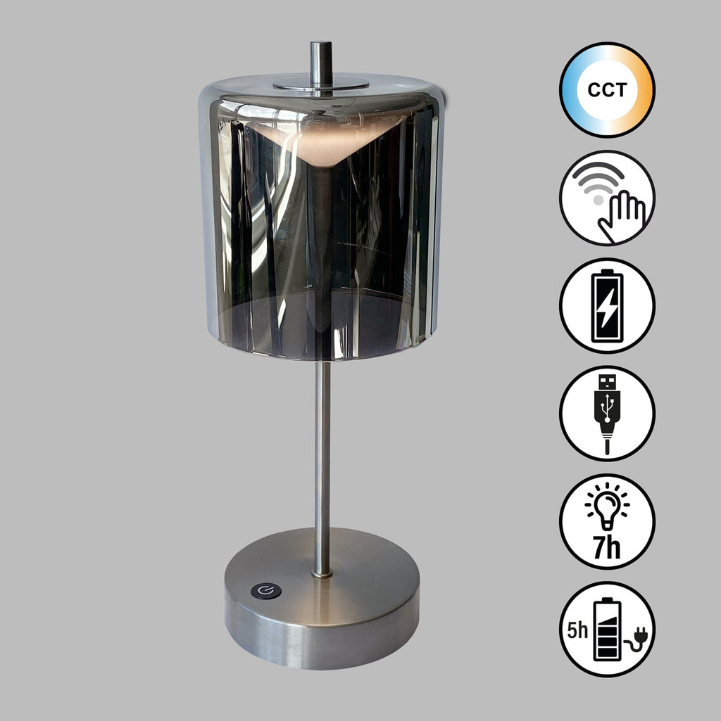 LED oppladbar bordlampe Riva nikkel/røykgrå CCT 34,5 cm bakside