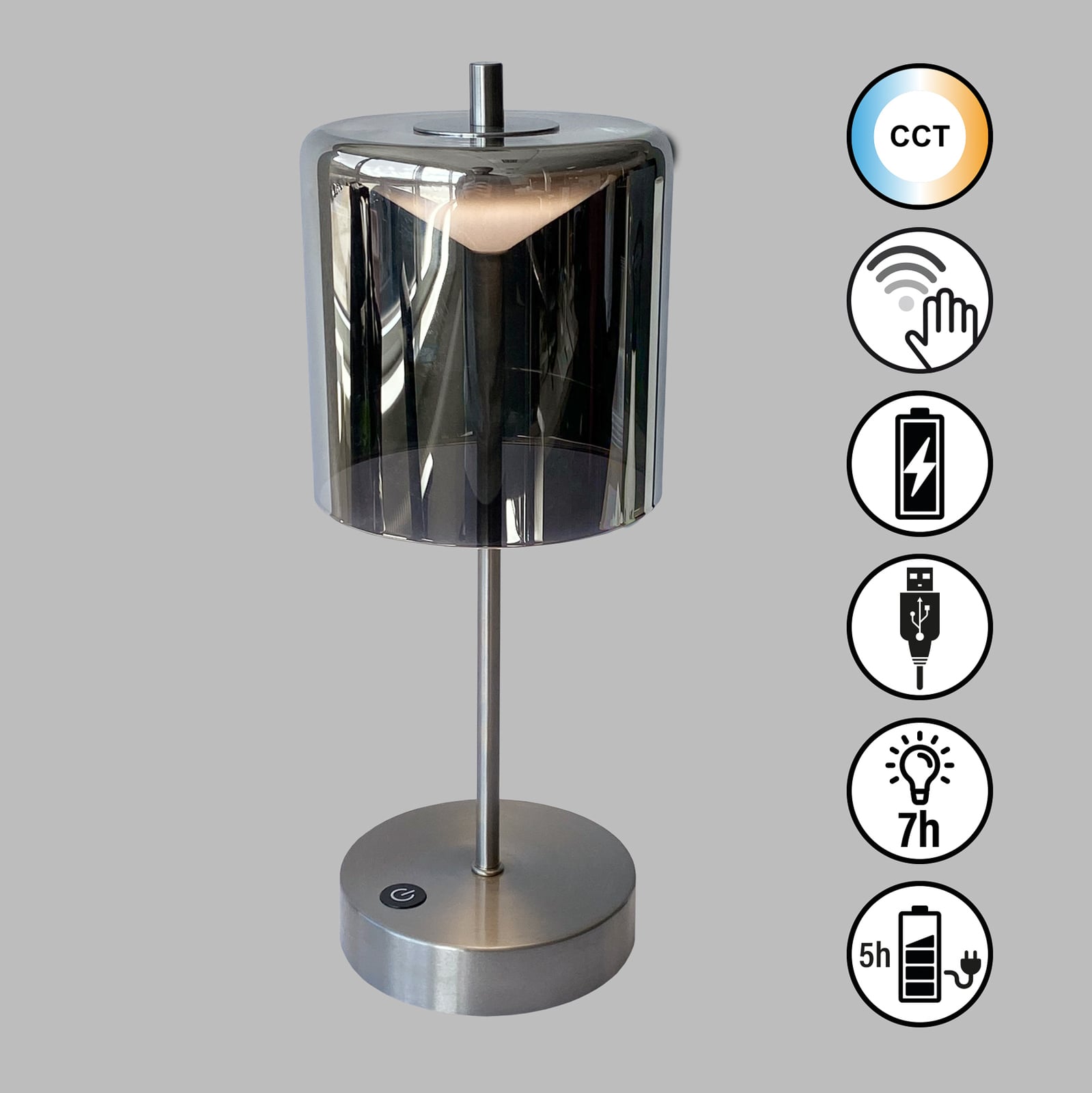LED oppladbar bordlampe Riva nikkel/røykgrå CCT 34,5 cm bakside