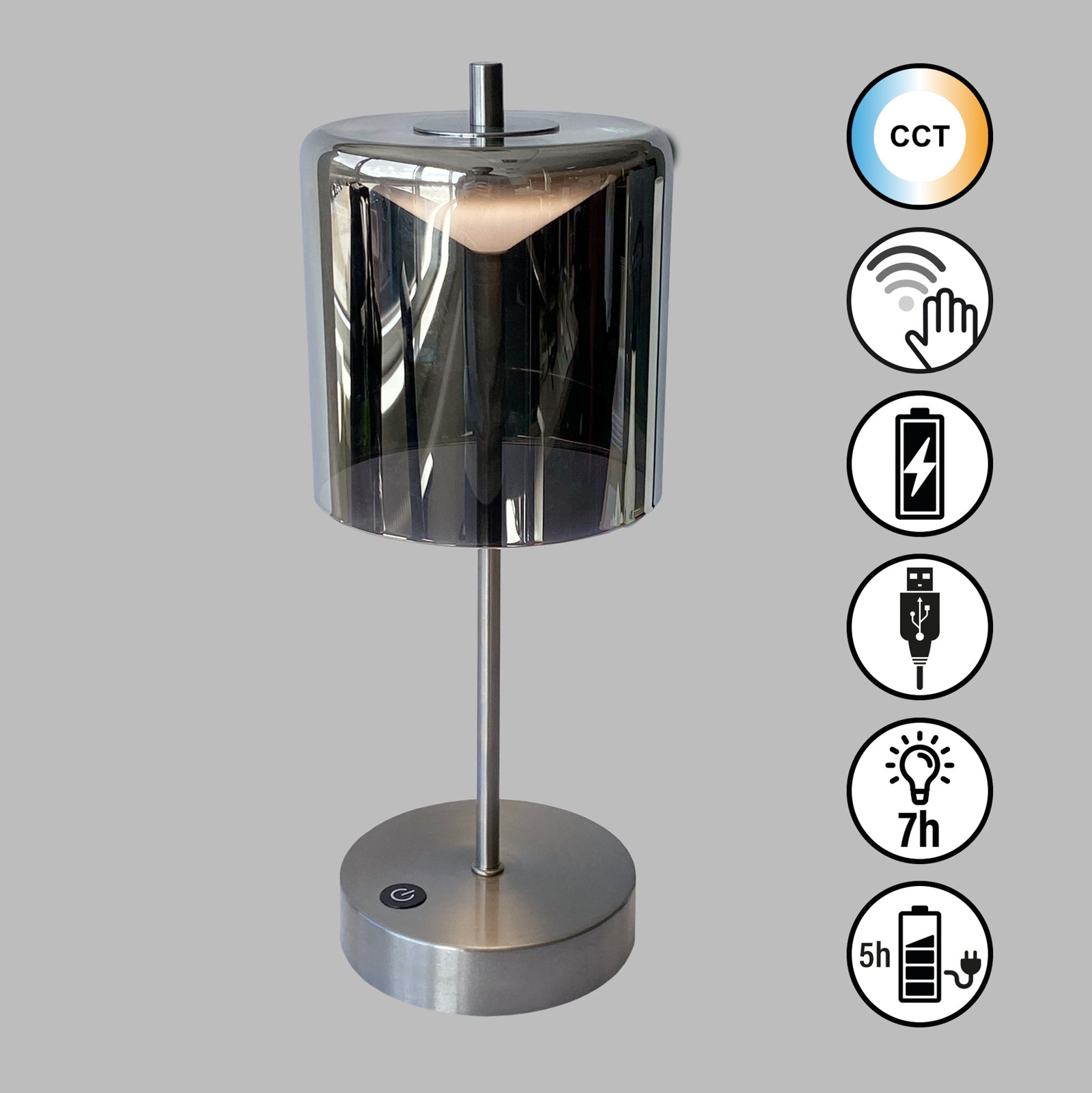 LED oppladbar bordlampe Riva nikkel/røykgrå CCT 34,5 cm detalj