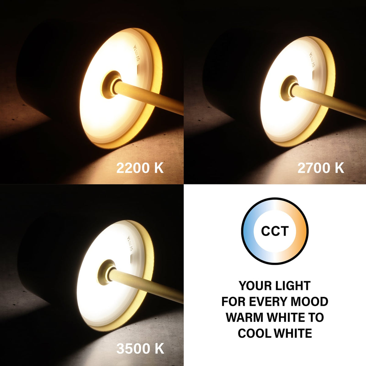 LED oppladbar bordlampe Roxi dimbar gull metall CCT IP54 lysstyrke demonstrasjon