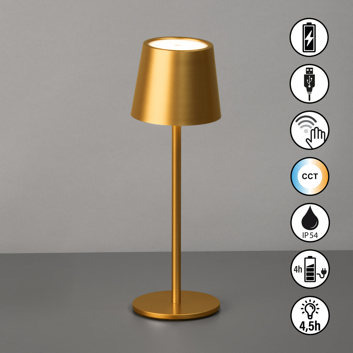 LED oppladbar bordlampe Roxi dimbar gull metall CCT IP54 montert på bord