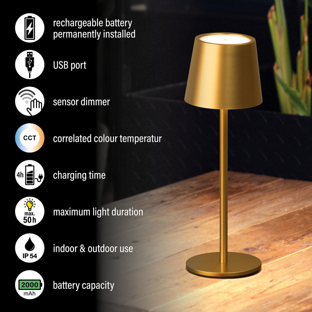 LED oppladbar bordlampe Roxi dimbar gull metall CCT IP54 med USB-ladekabel