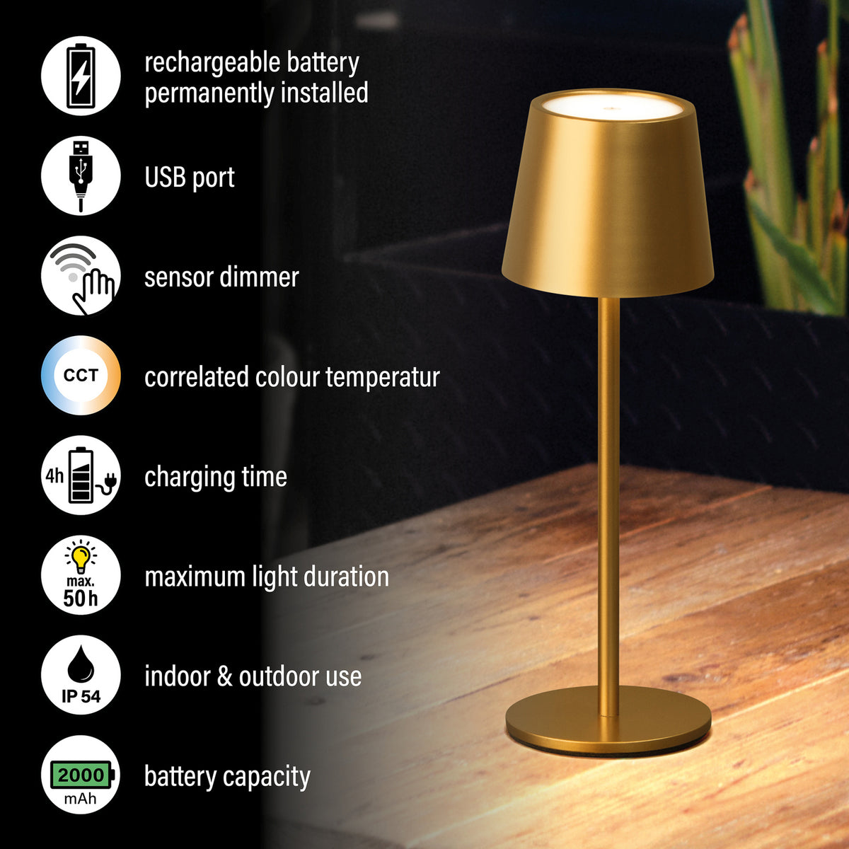 LED oppladbar bordlampe Roxi dimbar gull metall CCT IP54 med USB-ladekabel