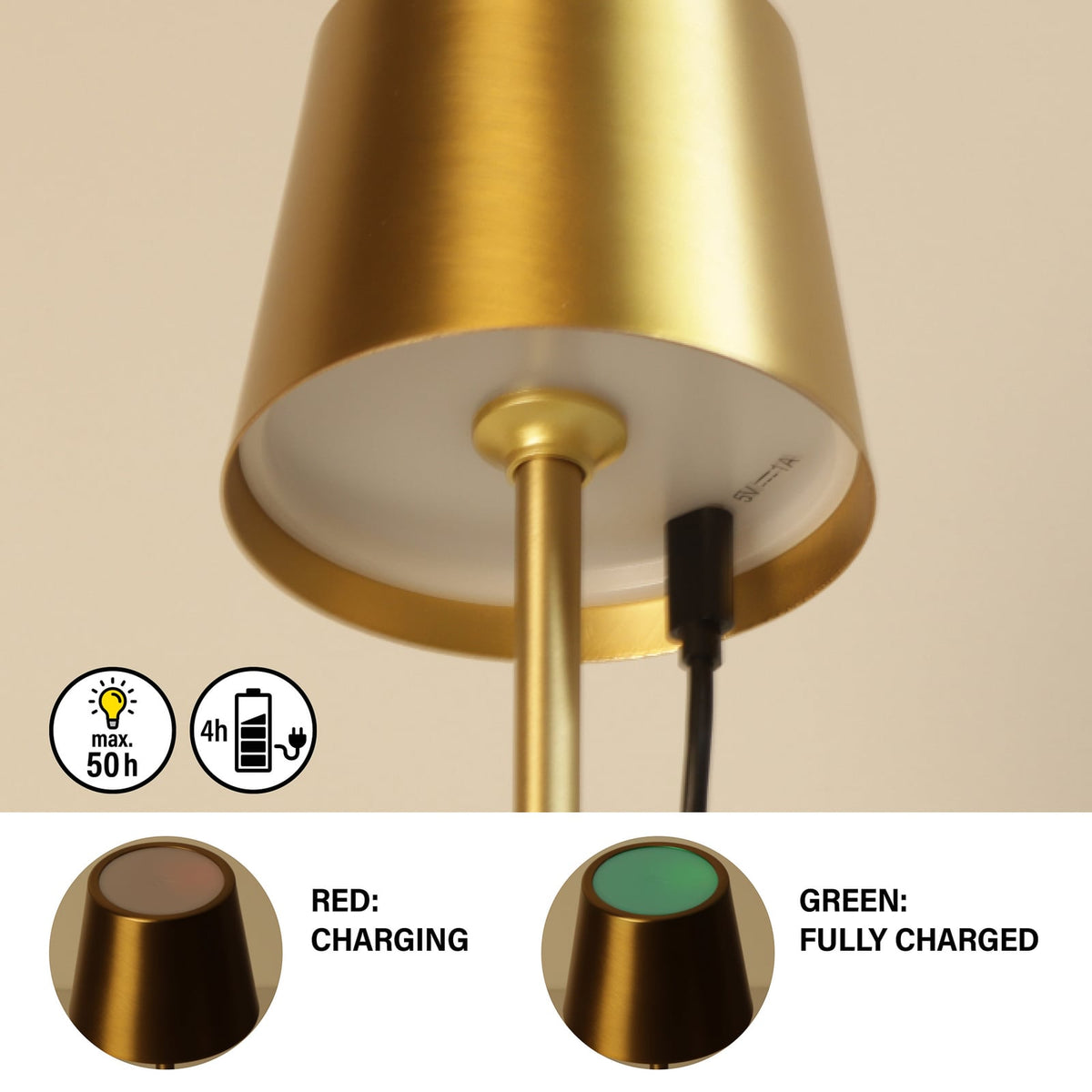 LED oppladbar bordlampe Roxi dimbar gull metall CCT IP54 med justerbar lysfarge