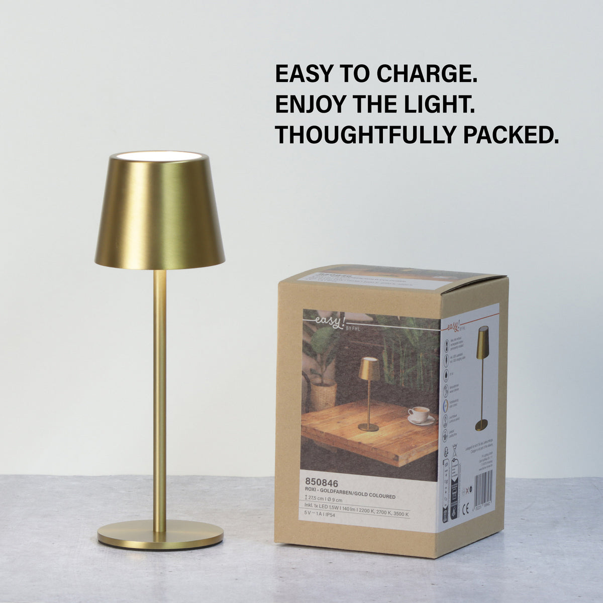 LED oppladbar bordlampe Roxi dimbar gull metall CCT IP54 i bruk utendørs