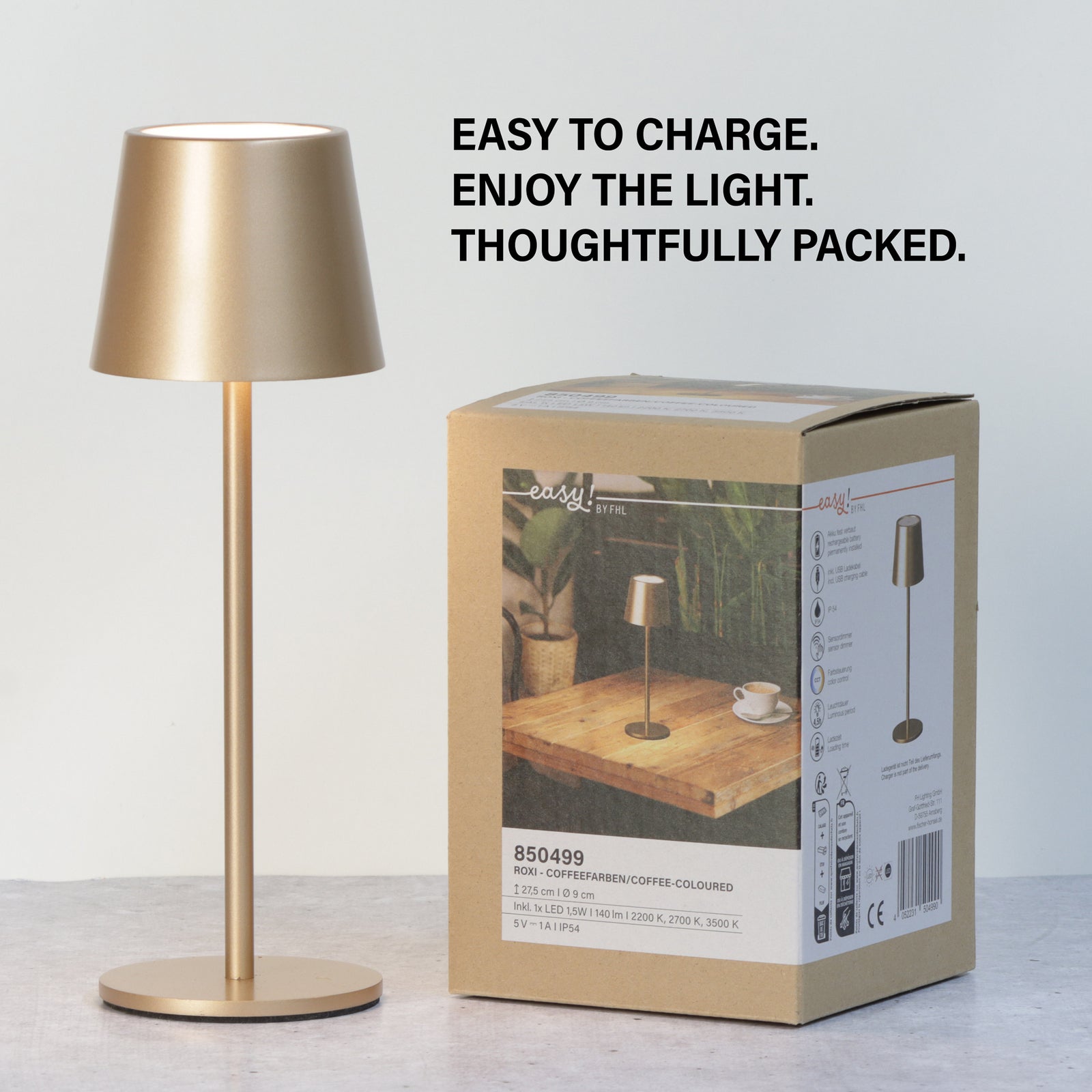 Nærbilde av LED oppladbar bordlampe Roxi metall CCT dimbar IP54