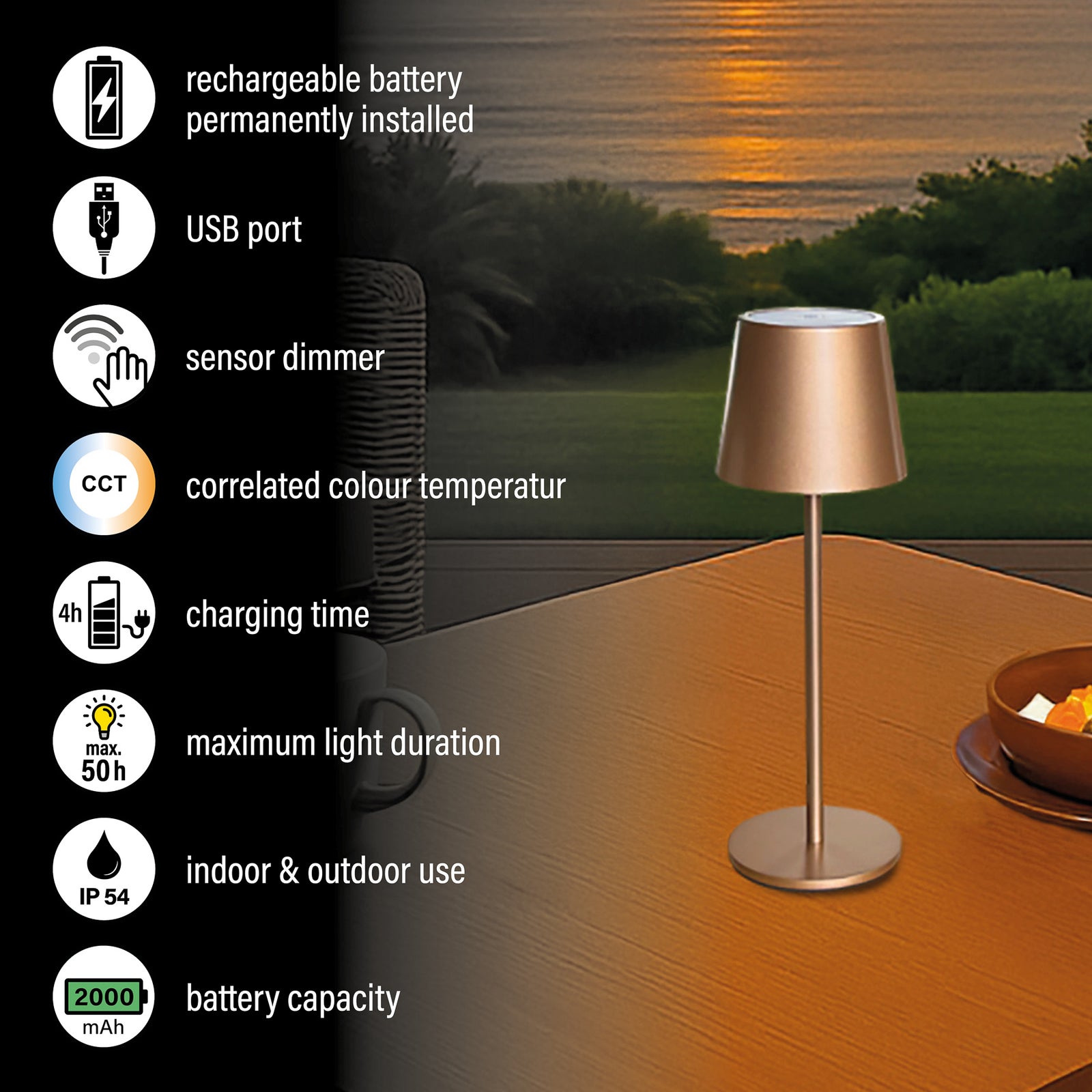 Lysjustering på LED oppladbar bordlampe Roxi metall CCT dimbar IP54