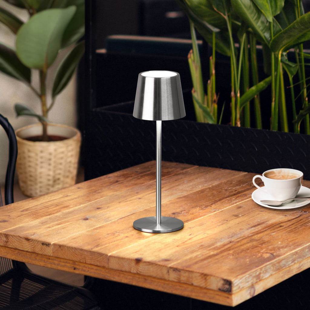 LED oppladbar bordlampe Roxi nikkel CCT dimbar IP54 forfra