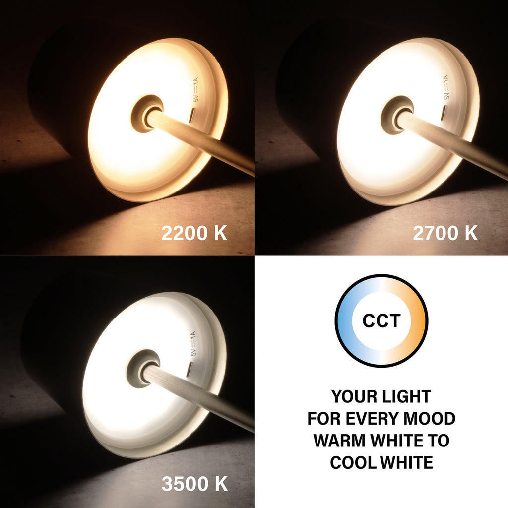 LED oppladbar bordlampe Roxi nikkel CCT dimbar IP54 lysstyrke