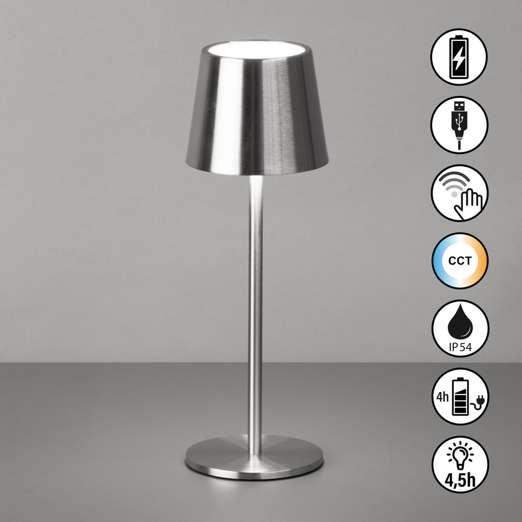 LED oppladbar bordlampe Roxi nikkel CCT dimbar IP54 montert