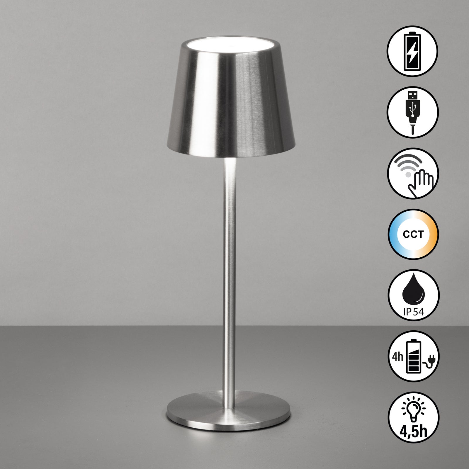 LED oppladbar bordlampe Roxi nikkel CCT dimbar IP54 montert