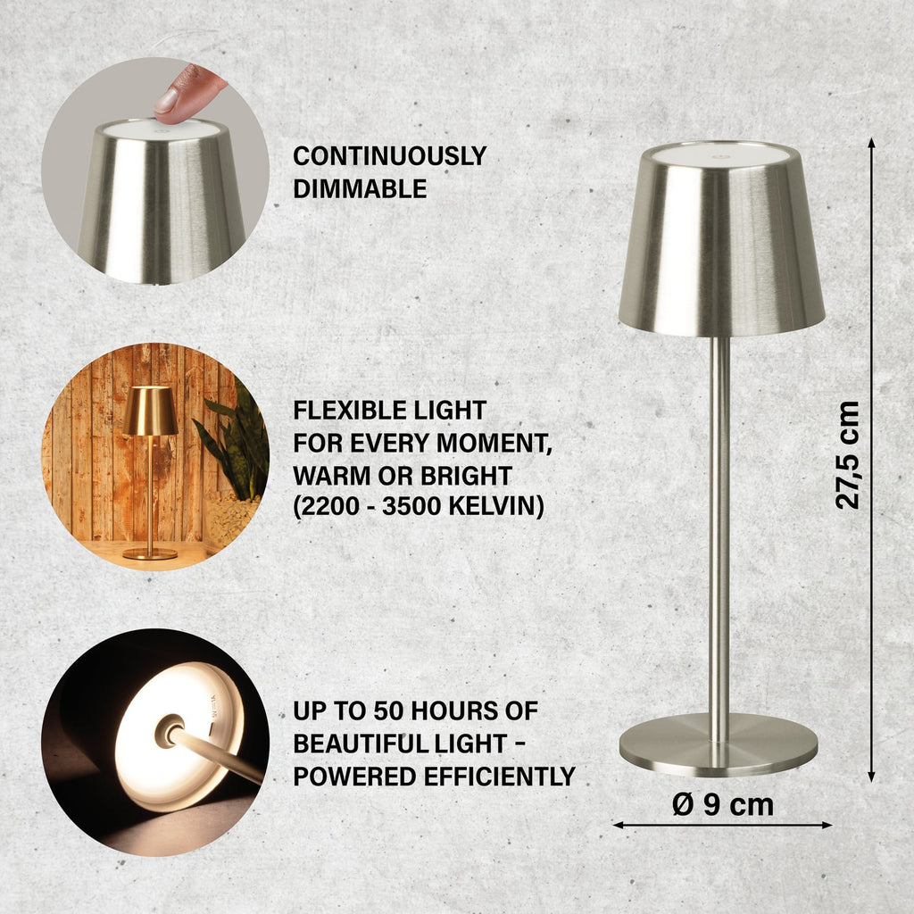 Nærbilde av LED oppladbar bordlampe Roxi nikkel CCT dimbar IP54