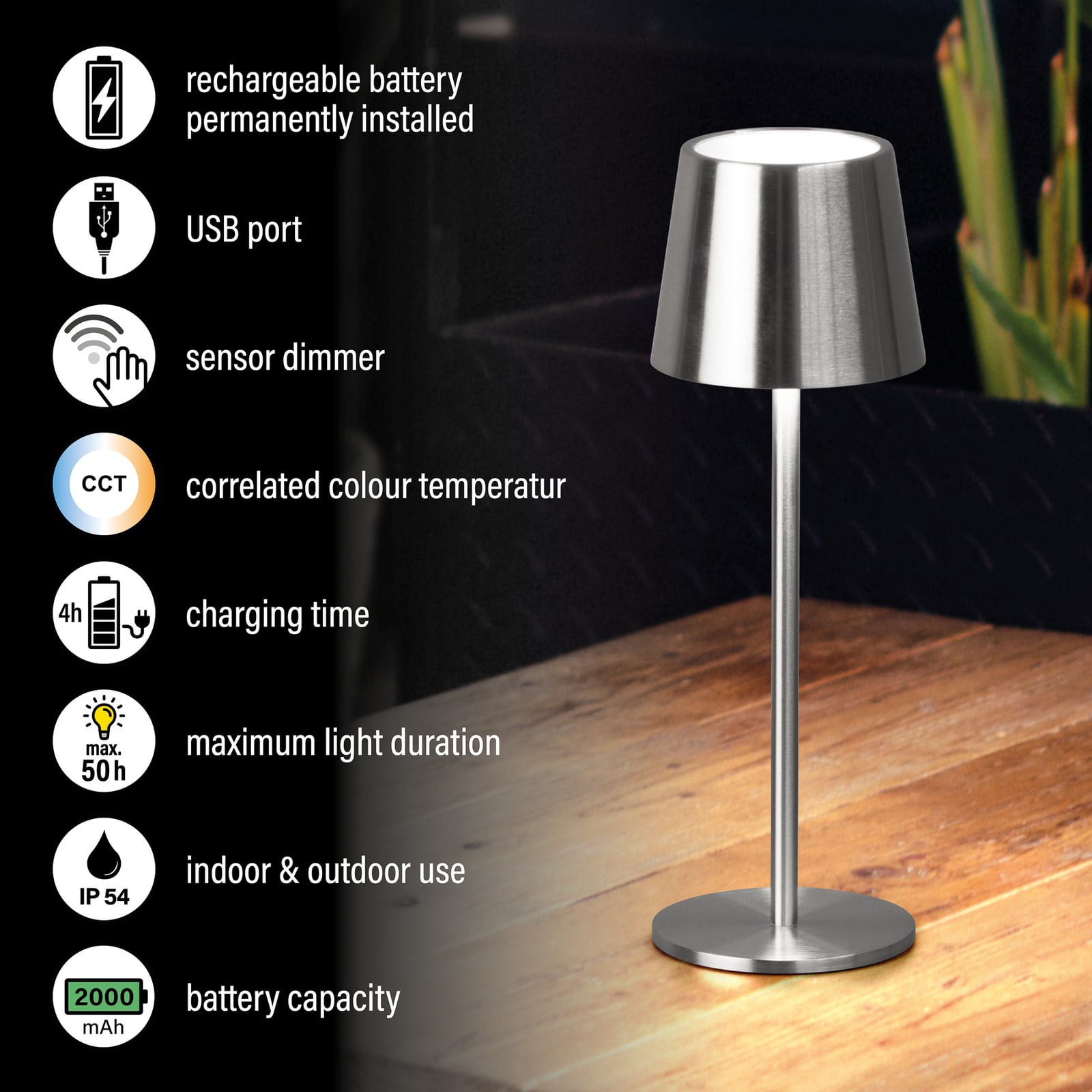 LED oppladbar bordlampe Roxi nikkel CCT dimbar IP54 med USB-ladekabel