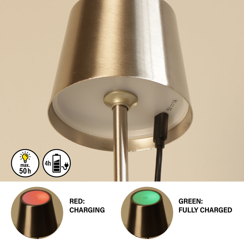 LED oppladbar bordlampe Roxi nikkel CCT dimbar IP54 justerbar lysfarge