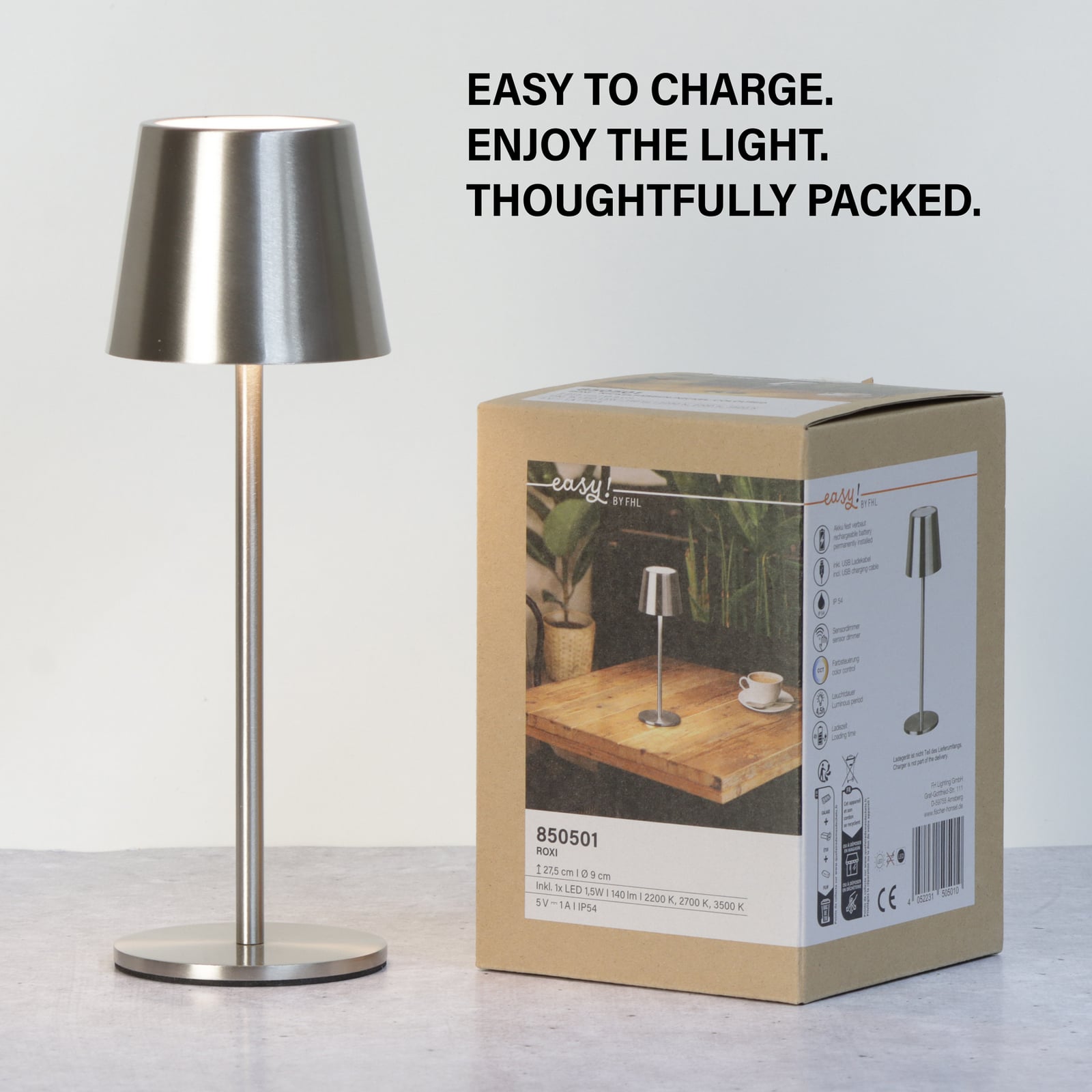 LED oppladbar bordlampe Roxi nikkel CCT dimbar IP54 dimmer