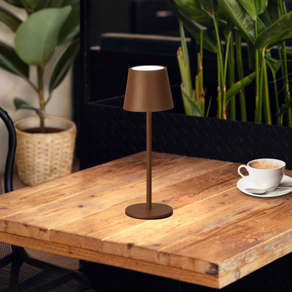 LED oppladbar bordlampe Roxi rustfarget dimbar CCT IP54 forfra