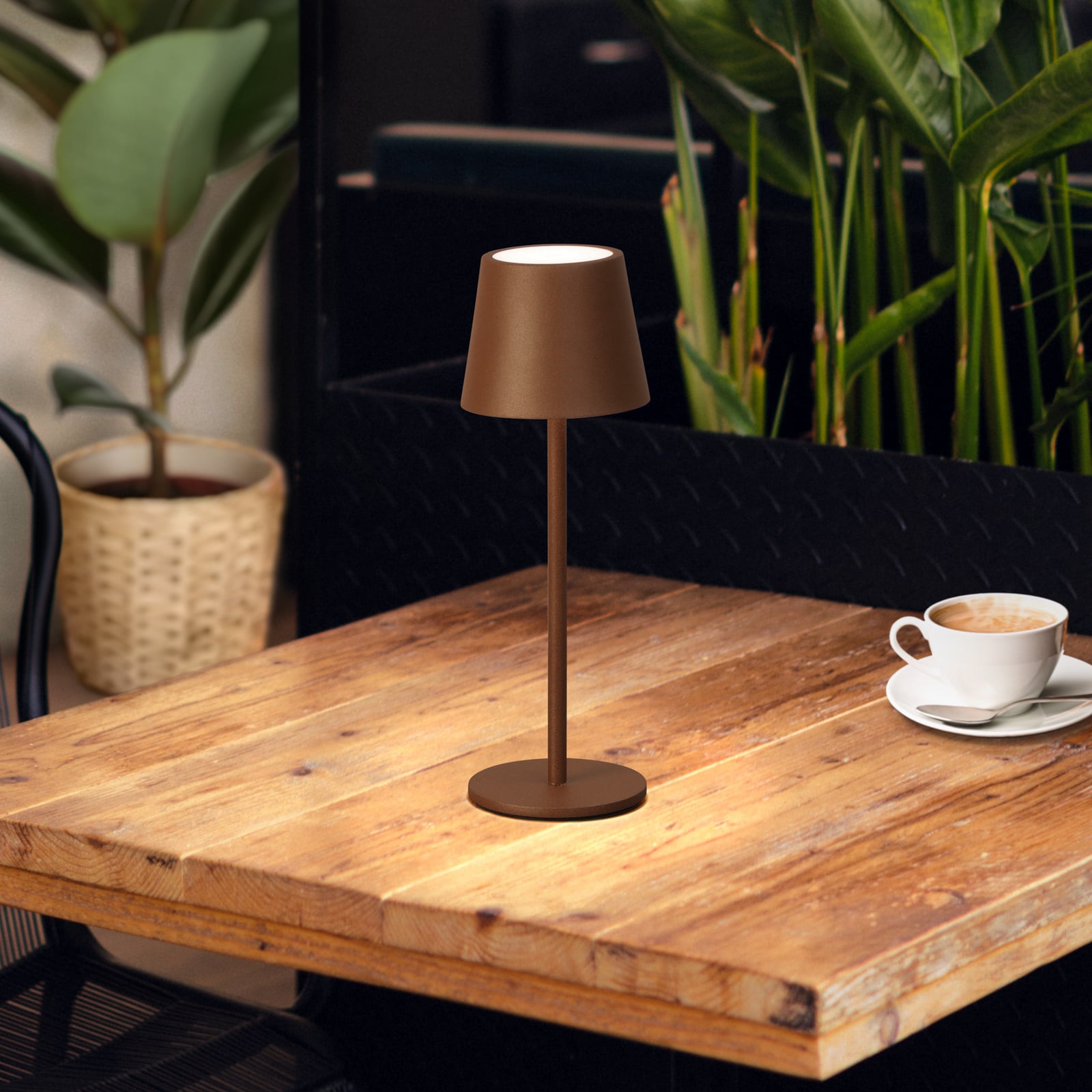 LED oppladbar bordlampe Roxi rustfarget dimbar CCT IP54 forfra