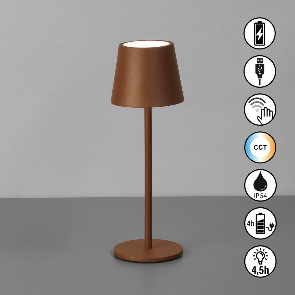 LED oppladbar bordlampe Roxi rustfarget dimbar CCT IP54 montert i miljø